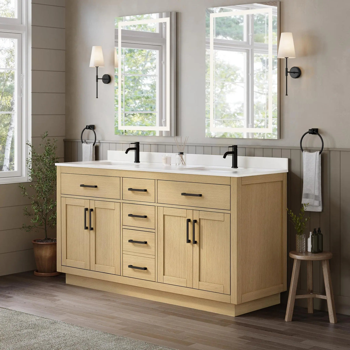 66" Beckett Double Bathroom Vanity with Toe Kick Rift Oak Matte Black Trim by wyndham View 7