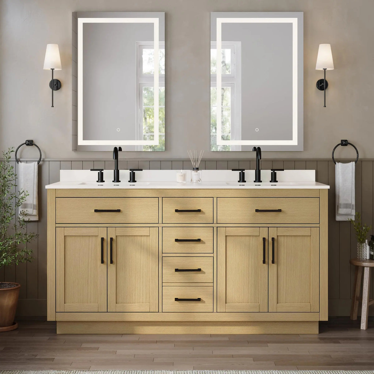 66" Beckett Double Bathroom Vanity with Toe Kick Rift Oak Matte Black Trim by wyndham View 19