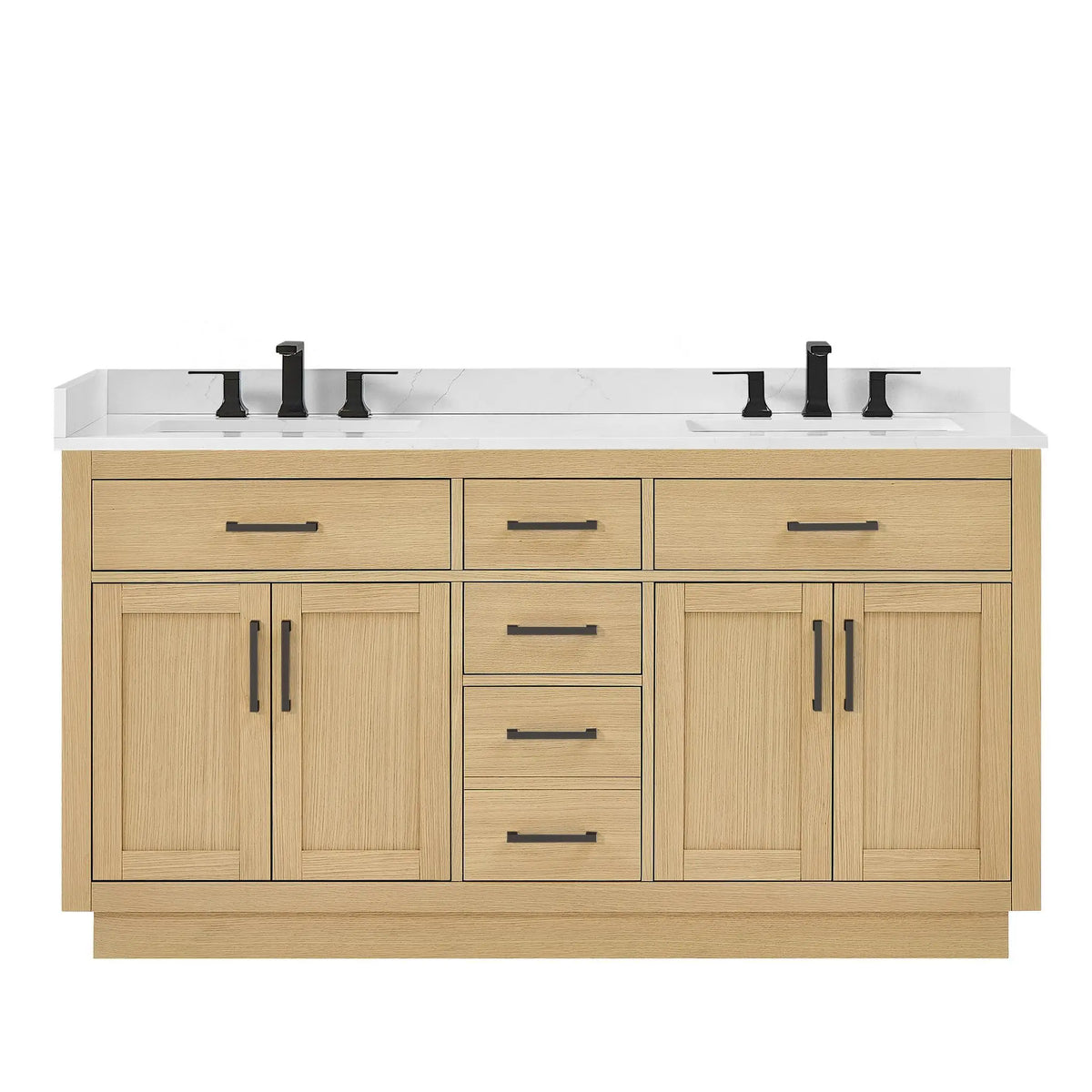 66" Beckett Double Bathroom Vanity with Toe Kick Rift Oak Matte Black Trim by wyndham View 31
