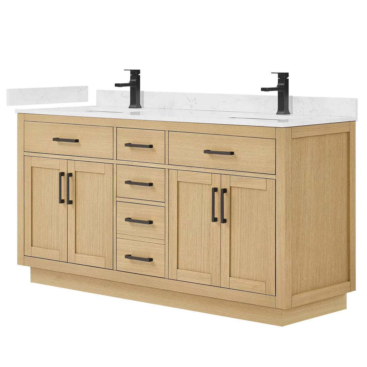 66" Beckett Double Bathroom Vanity with Toe Kick Rift Oak Matte Black Trim by wyndham View 5