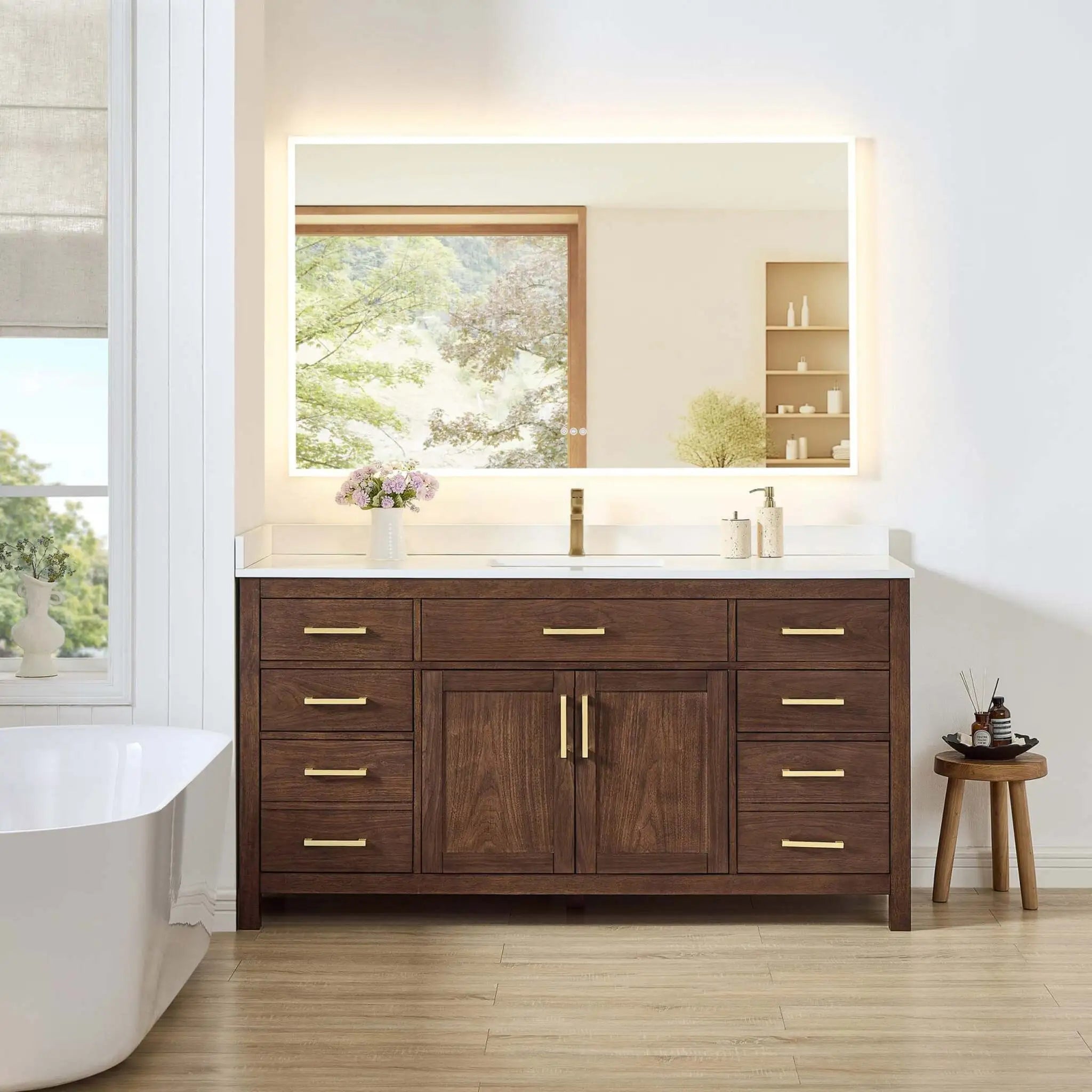 66" Beckett Single Bathroom Vanity in Dark Walnut with Brushed Gold Trim by Wyndham