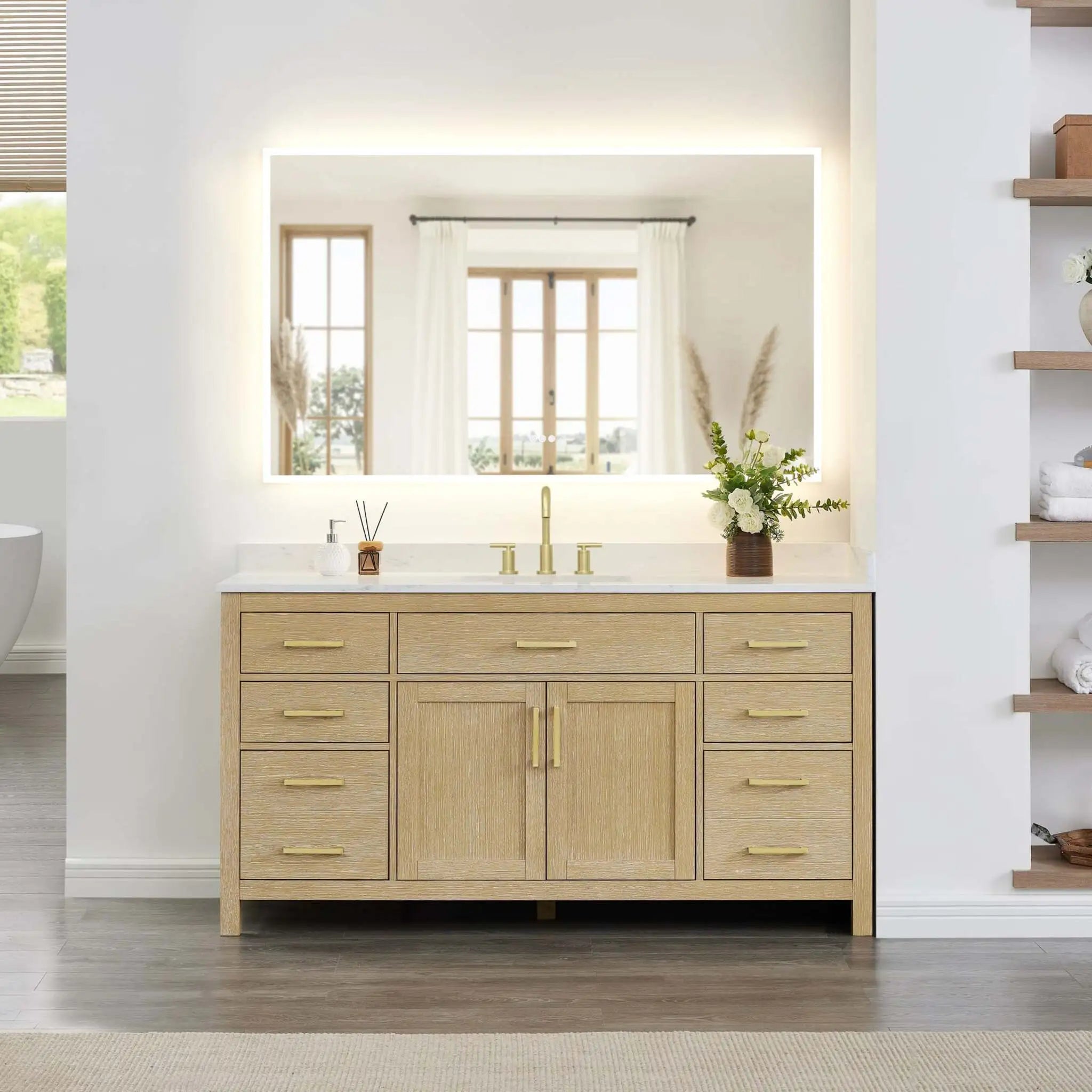 66" Beckett Single Bathroom Vanity in Whitewashed Oak with Brushed Gold Trim by Wyndham