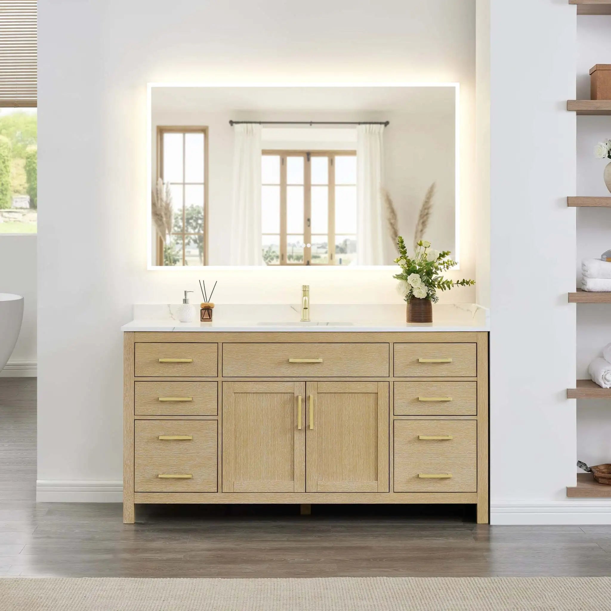 66" Beckett Single Bathroom Vanity in Whitewashed Oak with Brushed Gold Trim by Wyndham