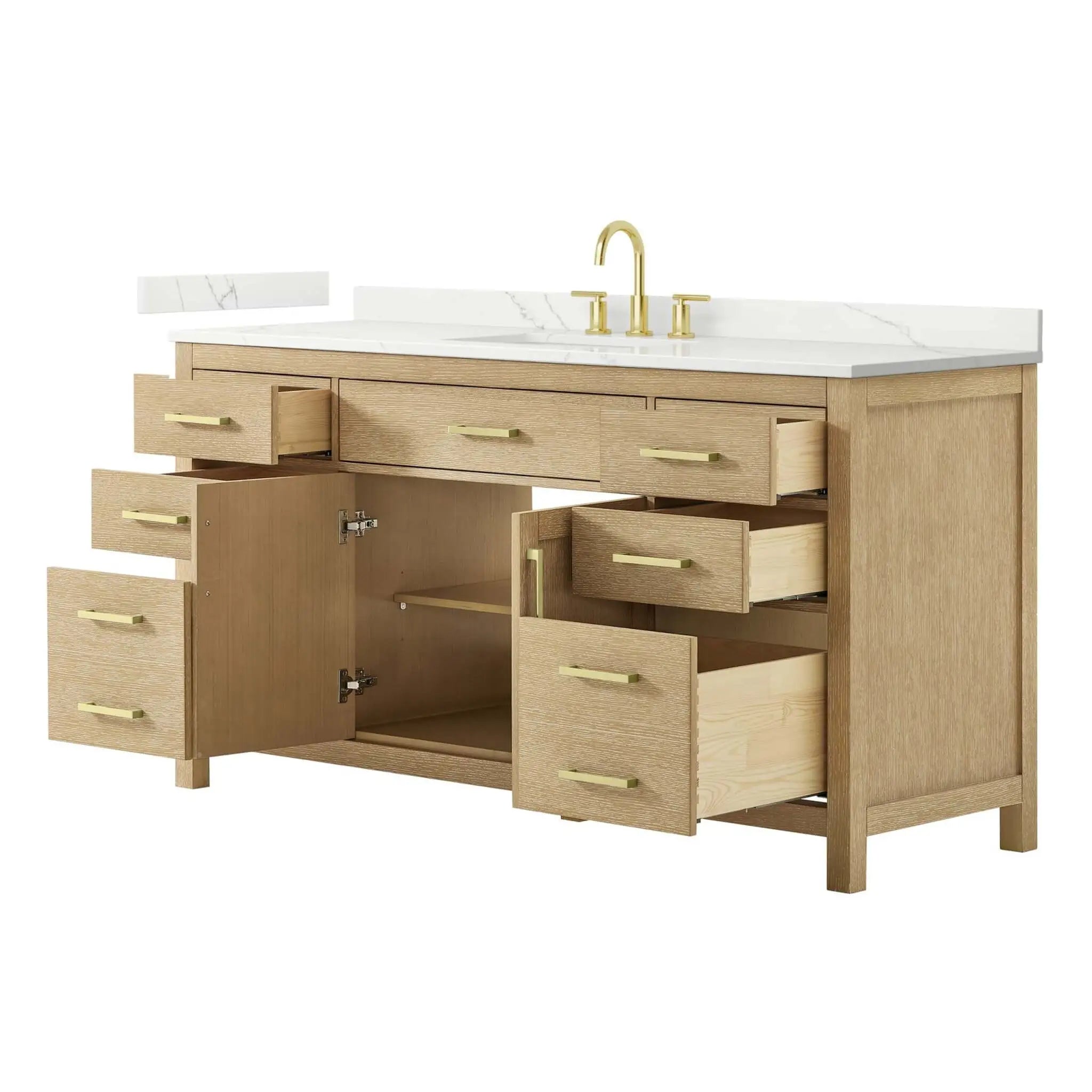 66" Beckett Single Bathroom Vanity in Whitewashed Oak with Brushed Gold Trim by Wyndham
