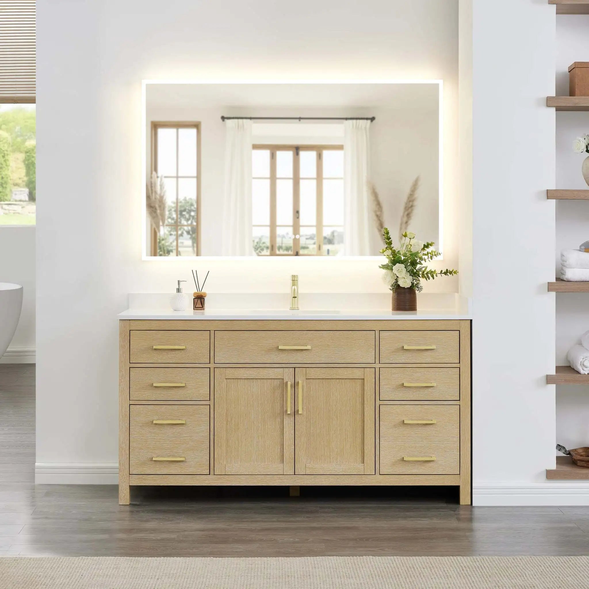66" Beckett Single Bathroom Vanity in Whitewashed Oak with Brushed Gold Trim by Wyndham