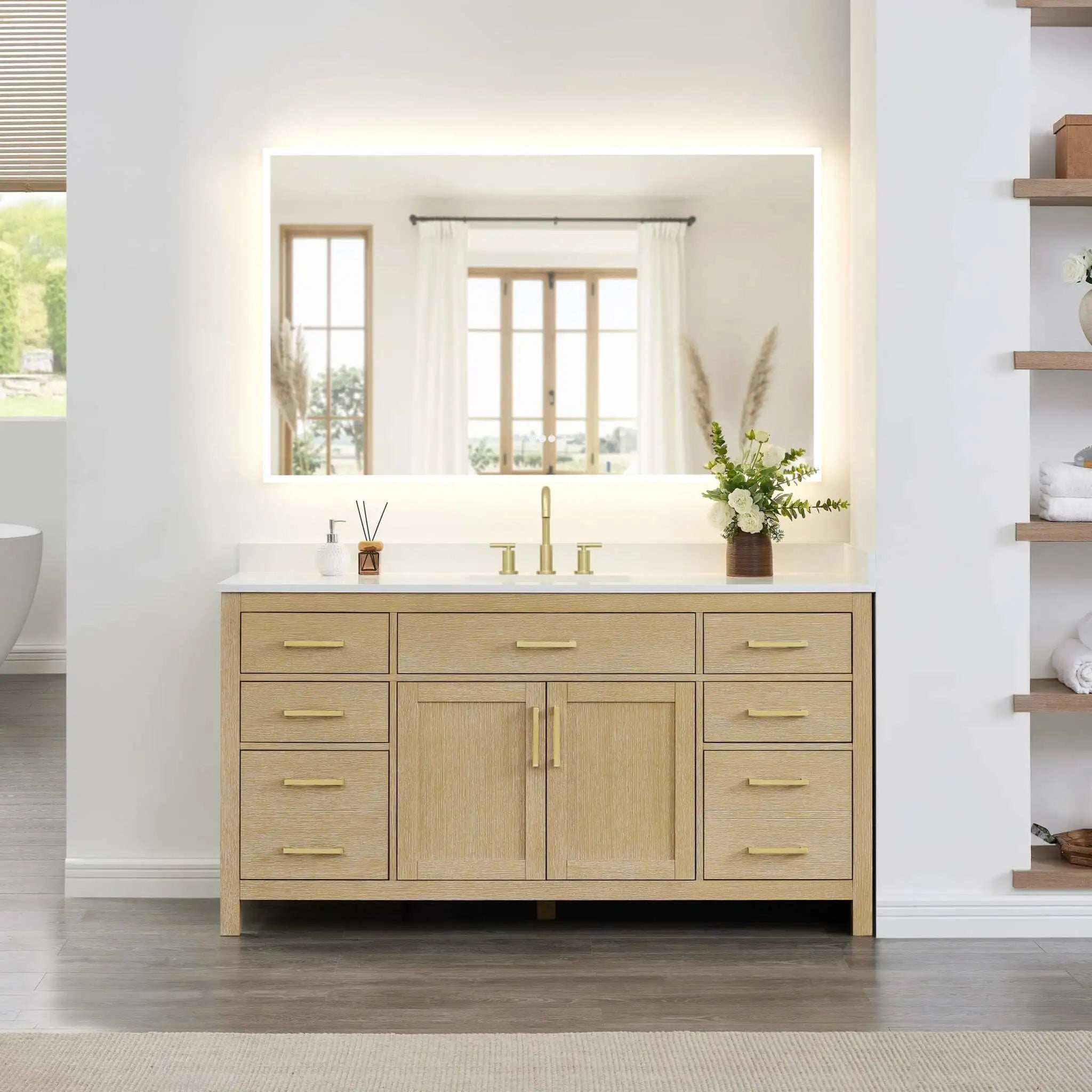 66" Beckett Single Bathroom Vanity in Whitewashed Oak with Brushed Gold Trim by Wyndham