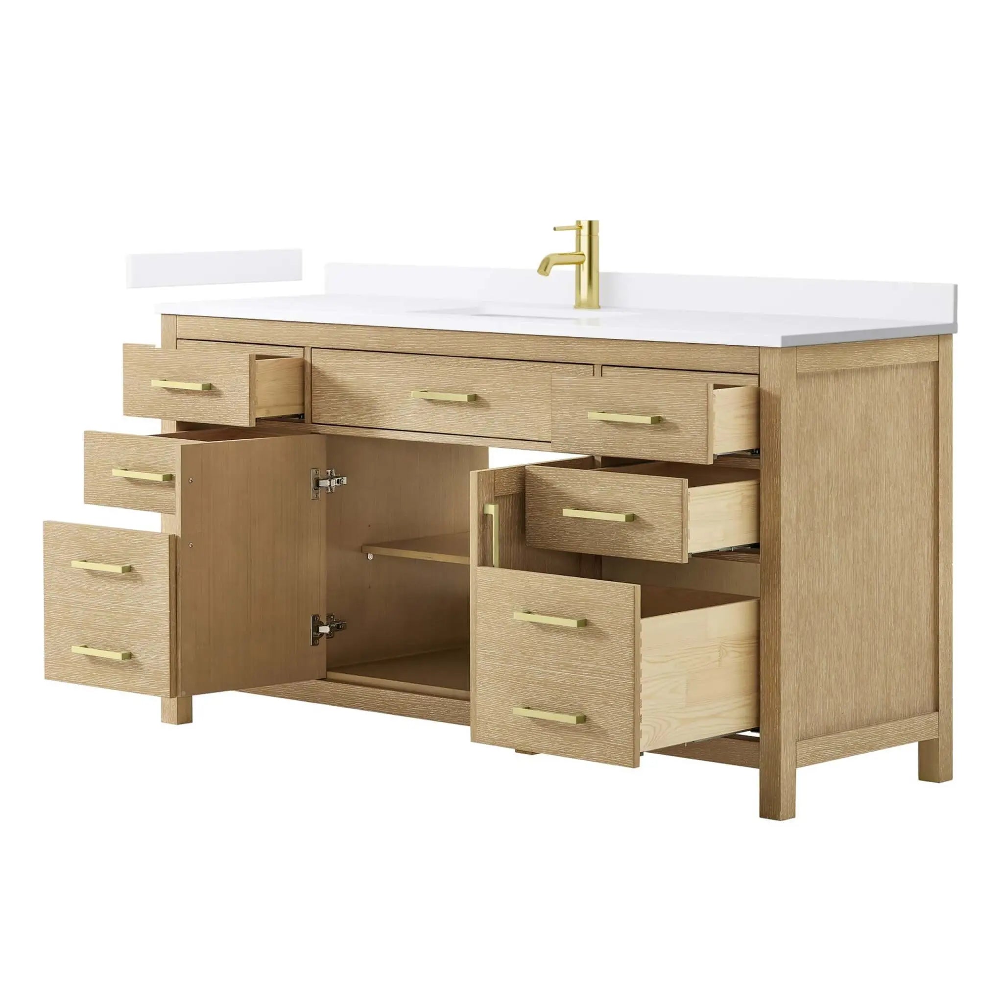 66" Beckett Single Bathroom Vanity in Whitewashed Oak with Brushed Gold Trim by Wyndham