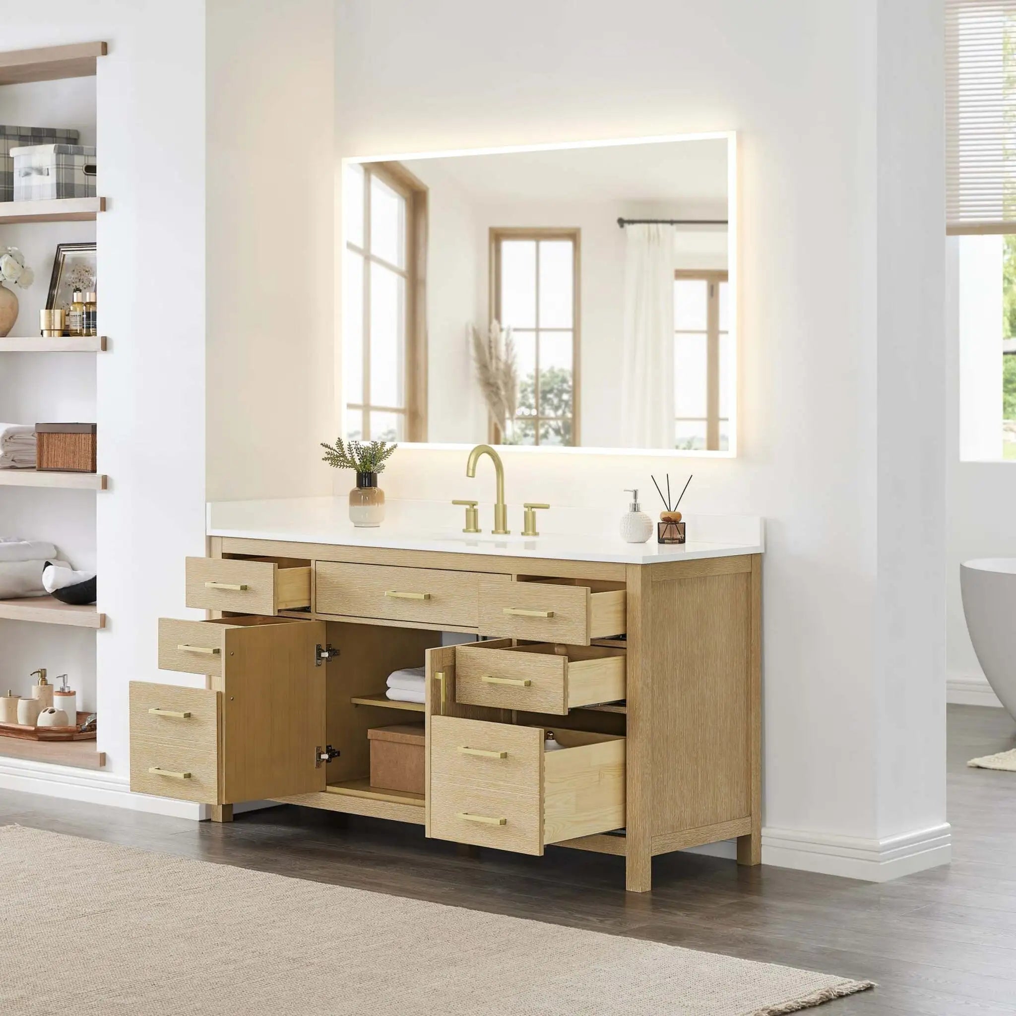 66" Beckett Single Bathroom Vanity in Whitewashed Oak with Brushed Gold Trim by Wyndham