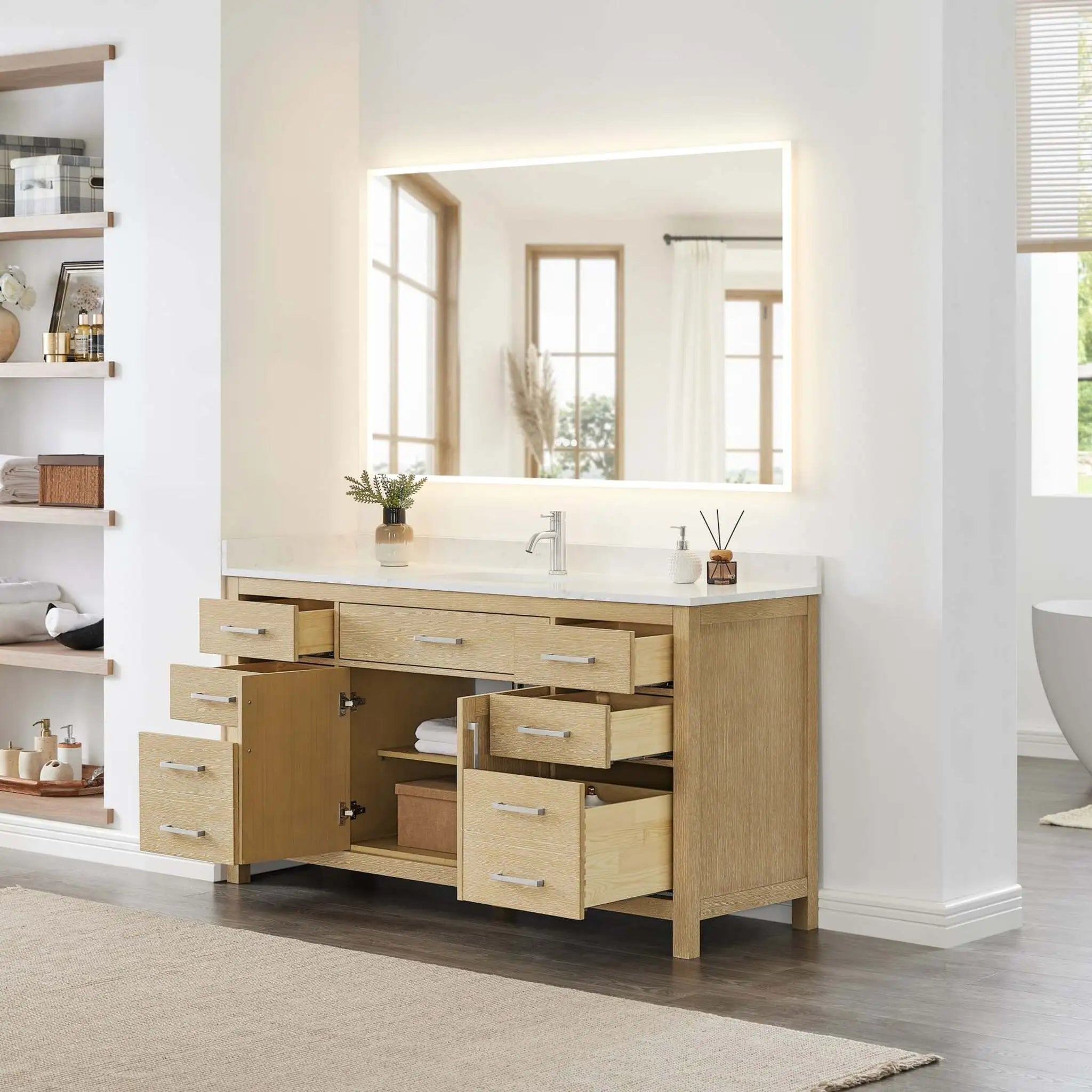 66" Beckett Single Bathroom Vanity in Whitewashed Oak with Brushed Nickel Trim by Wyndham