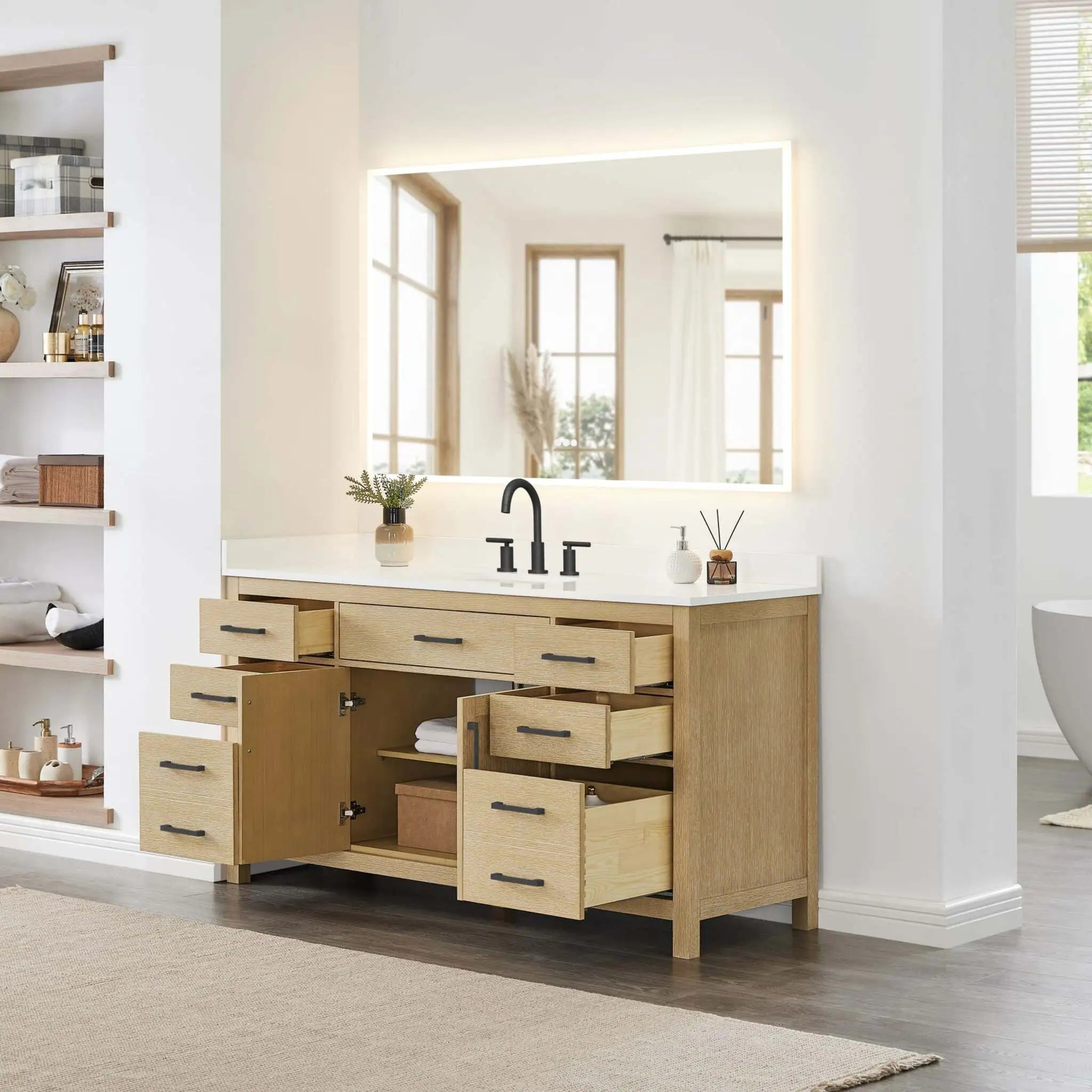 66" Beckett Single Bathroom Vanity in Whitewashed Oak with Matte Black Trim by Wyndham