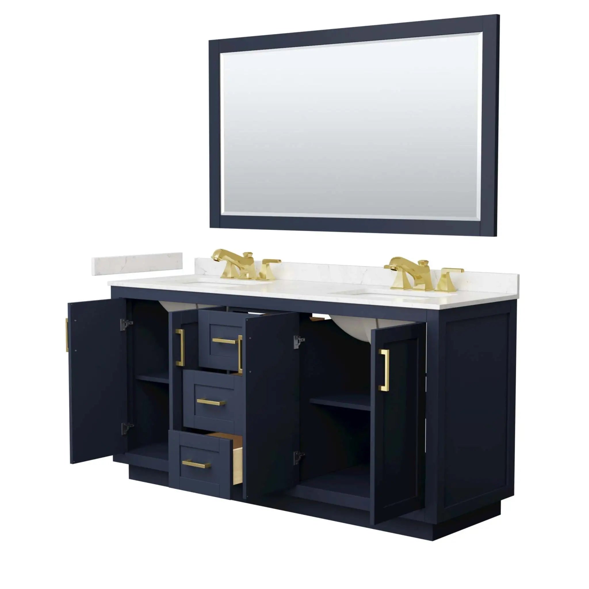 66" Miranda Double Bathroom Vanity in Dark Blue with Brushed Gold Trim & 58" Mirror by Wyndham