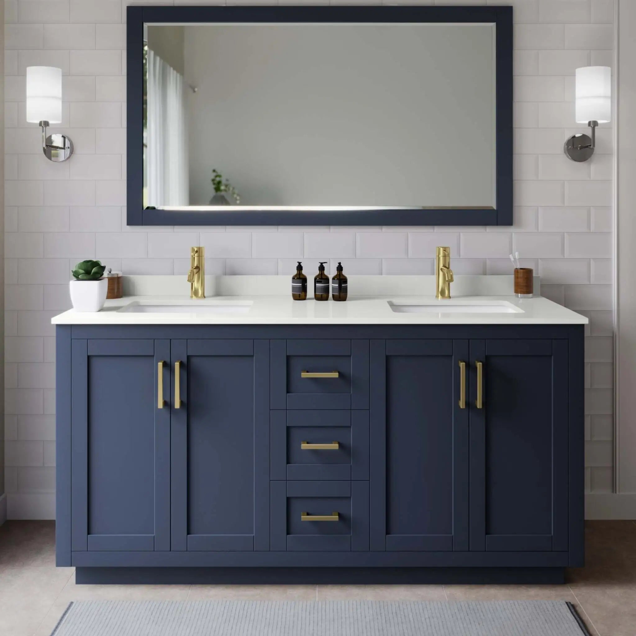 66" Miranda Double Bathroom Vanity in Dark Blue with Brushed Gold Trim & 58" Mirror by Wyndham