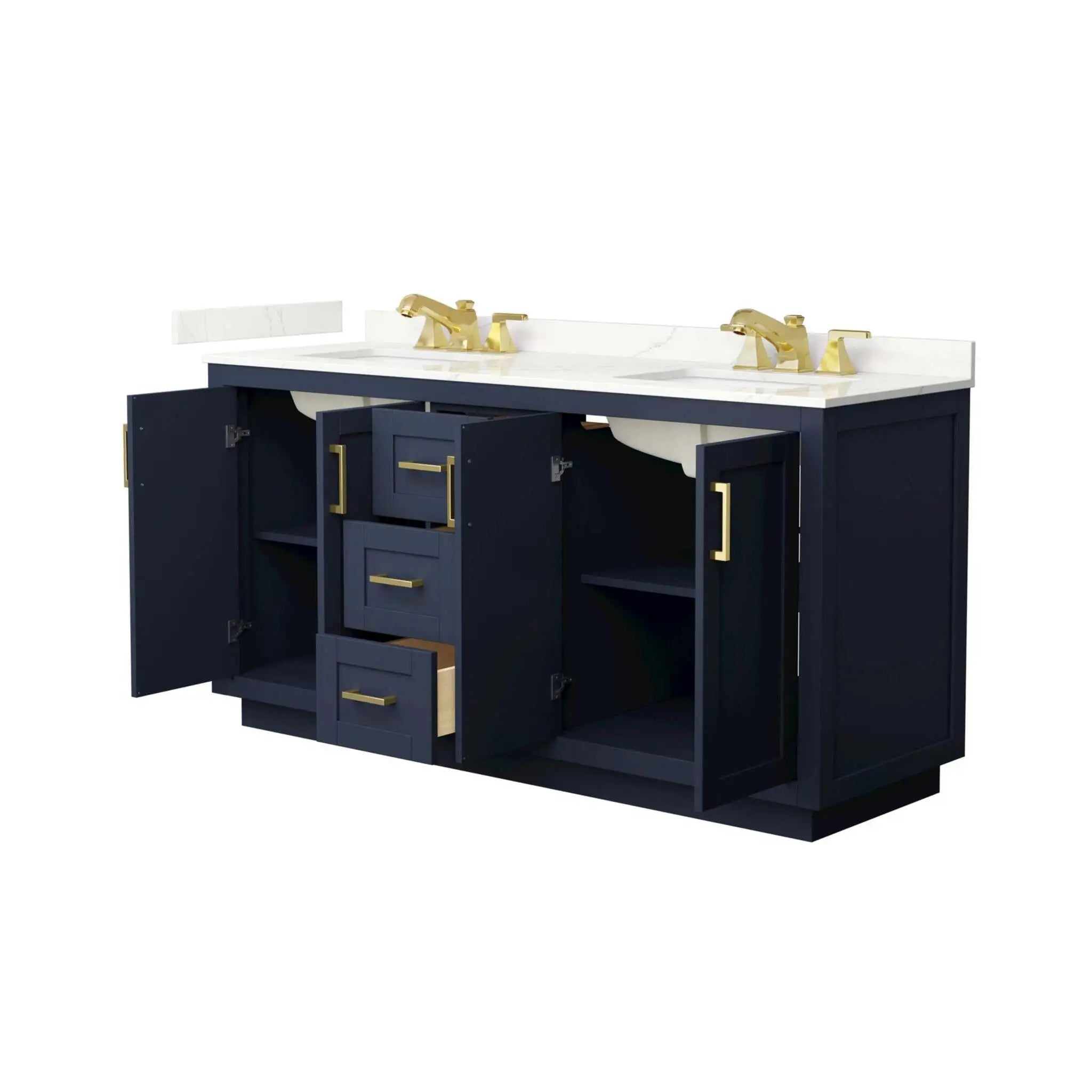 66" Miranda Double Bathroom Vanity in Dark Blue with Brushed Gold Trim by Wyndham