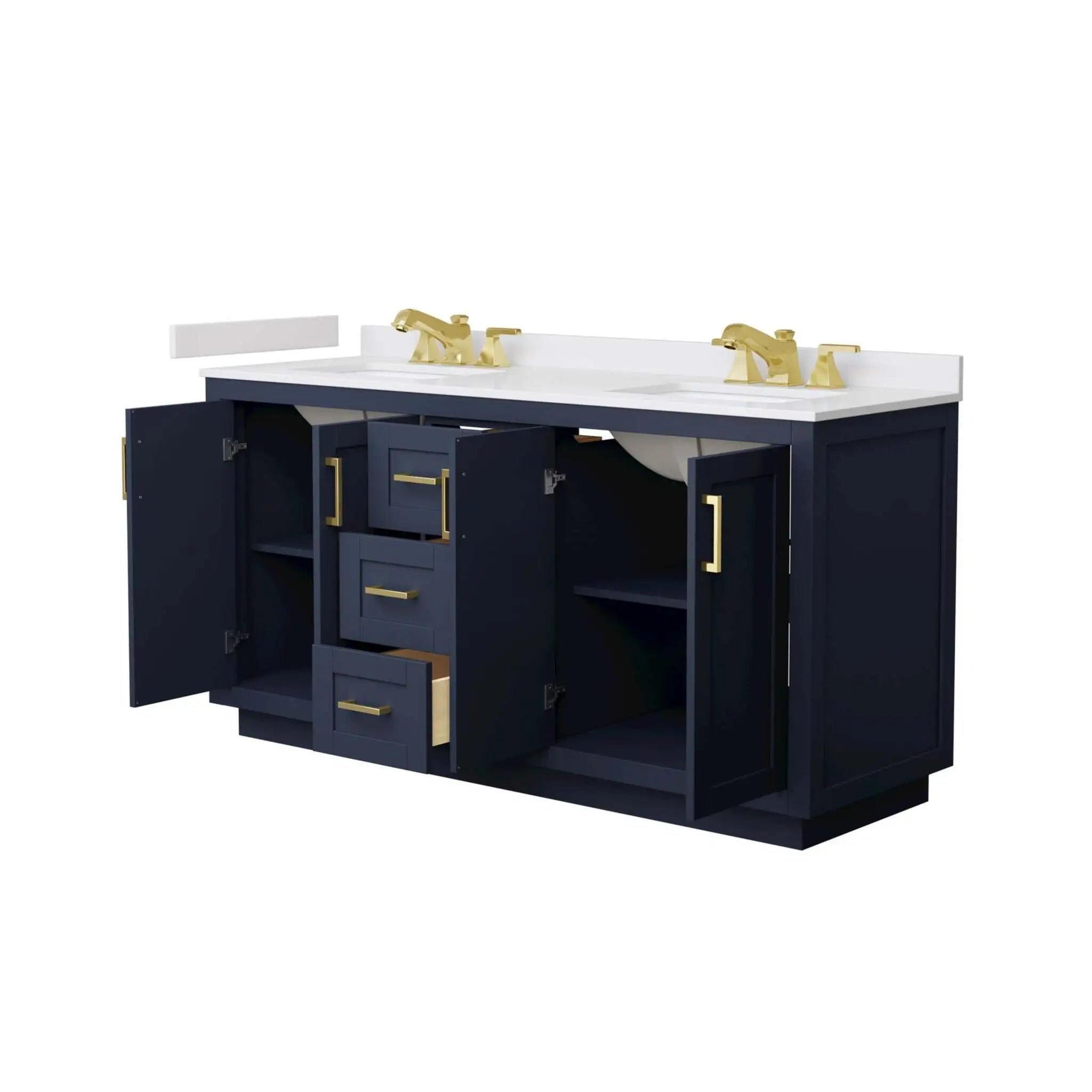 66" Miranda Double Bathroom Vanity in Dark Blue with Brushed Gold Trim by Wyndham