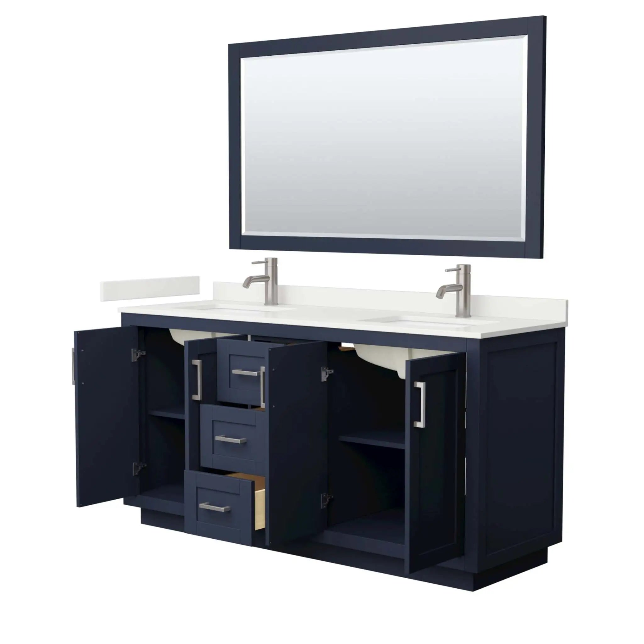 66" Miranda Double Bathroom Vanity in Dark Blue with Brushed Nickel Trim & 58" Mirror by Wyndham