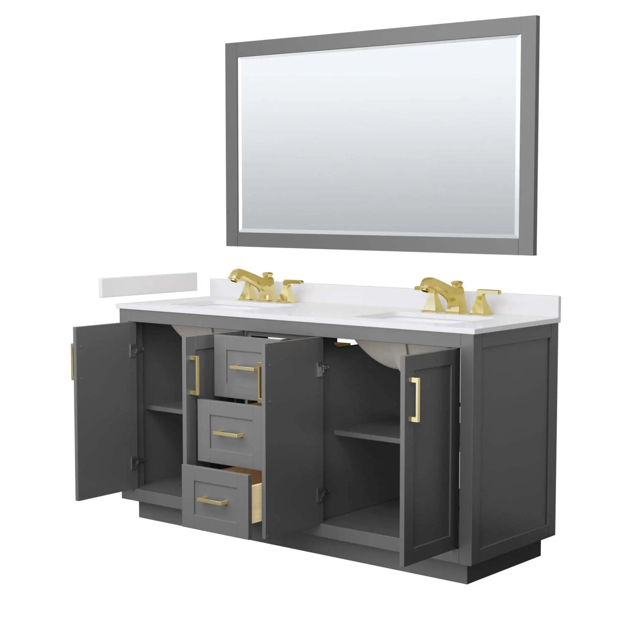 66" Miranda Double Bathroom Vanity in Dark Gray with Brushed Gold Trim & 58" Mirror by Wyndham