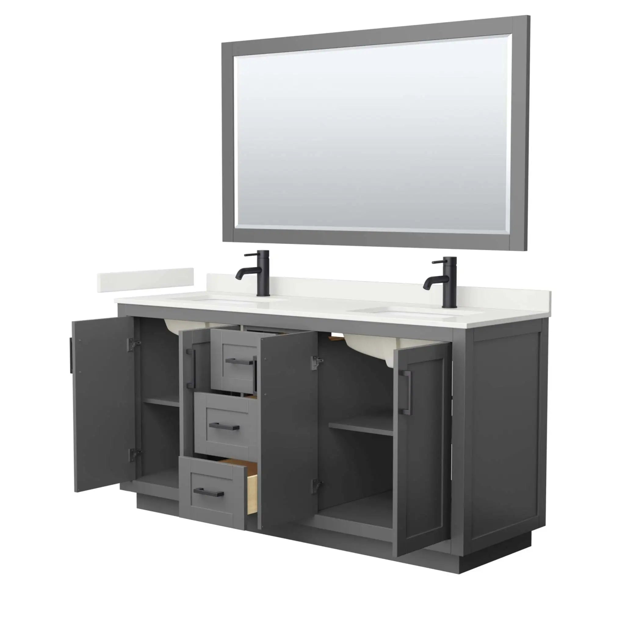 66" Miranda Double Bathroom Vanity in Dark Gray with Matte Black Trim & 58" Mirror by Wyndham