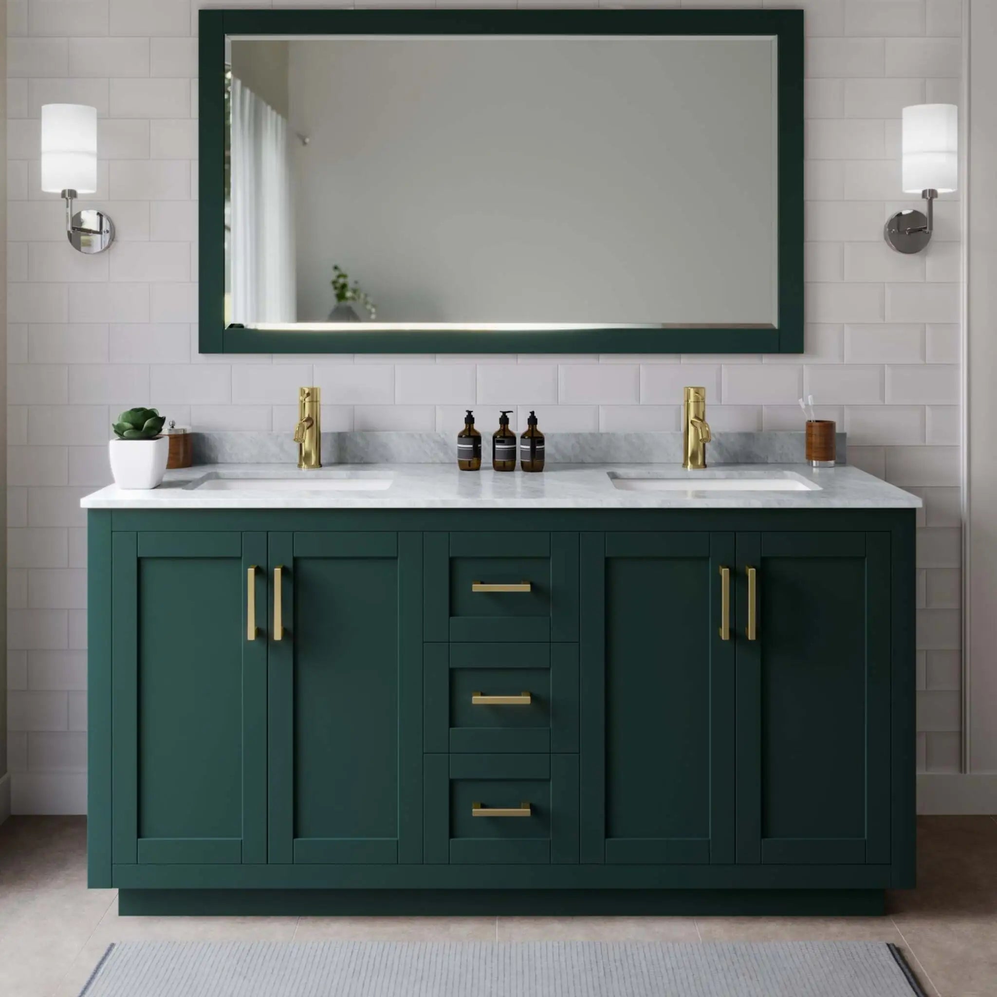 66" Miranda Double Bathroom Vanity in Green with Brushed Gold Trim & 58" Mirror by Wyndham