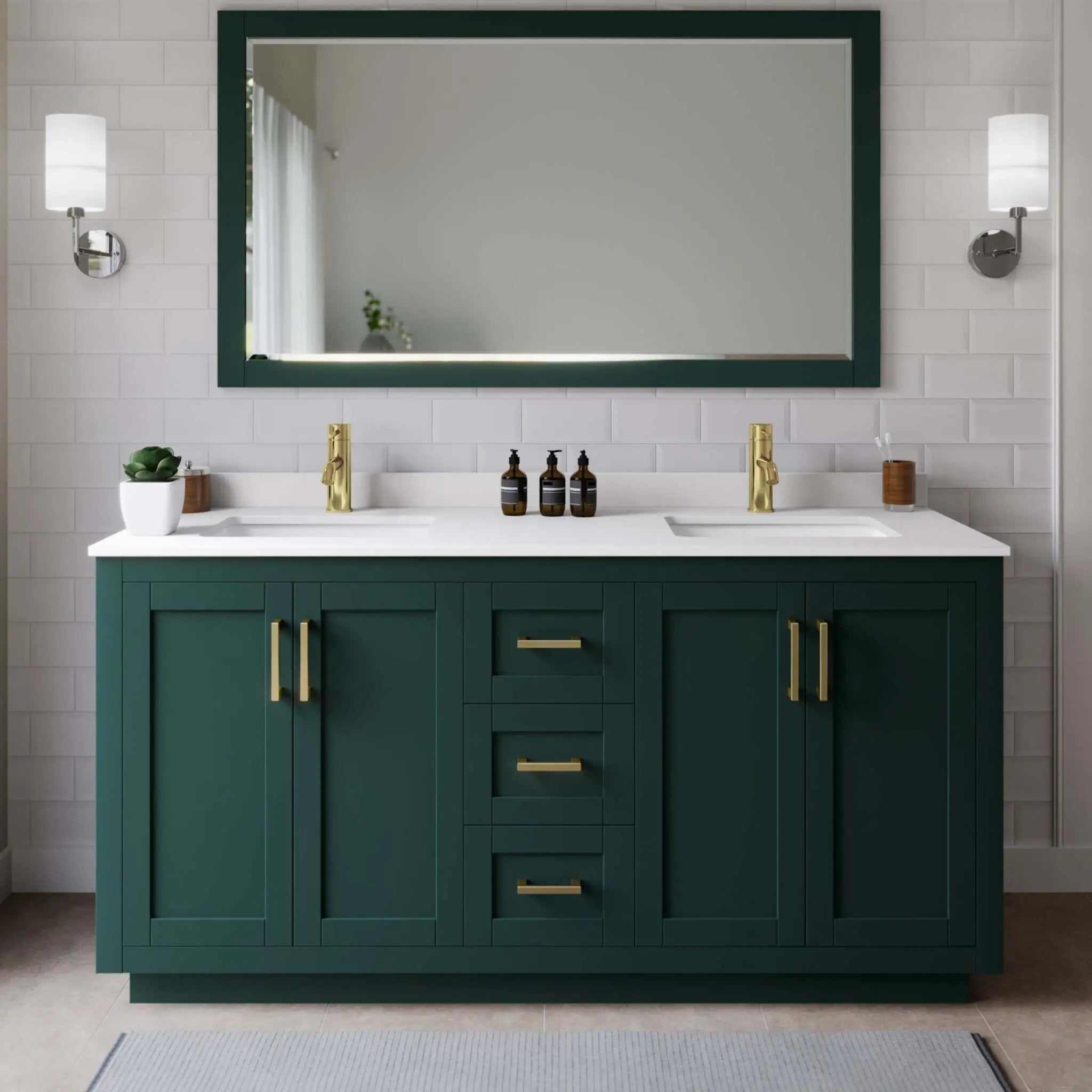 66" Miranda Double Bathroom Vanity in Green with Brushed Gold Trim & 58" Mirror by Wyndham