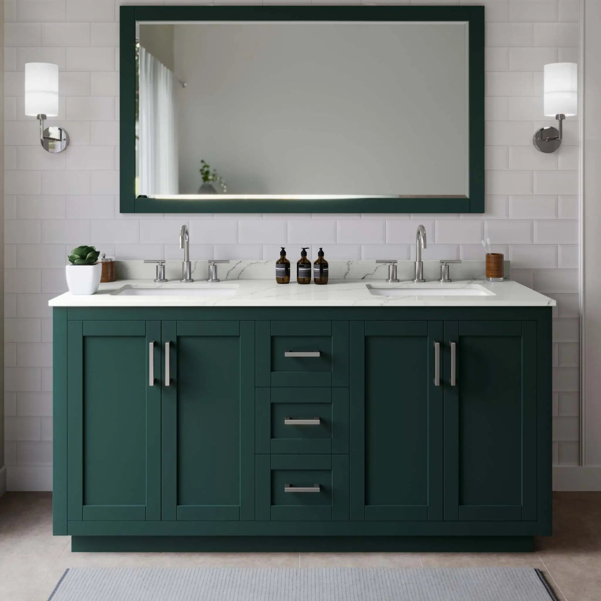 66" Miranda Double Bathroom Vanity in Green with Brushed Nickel Trim & 58" Mirror by Wyndham