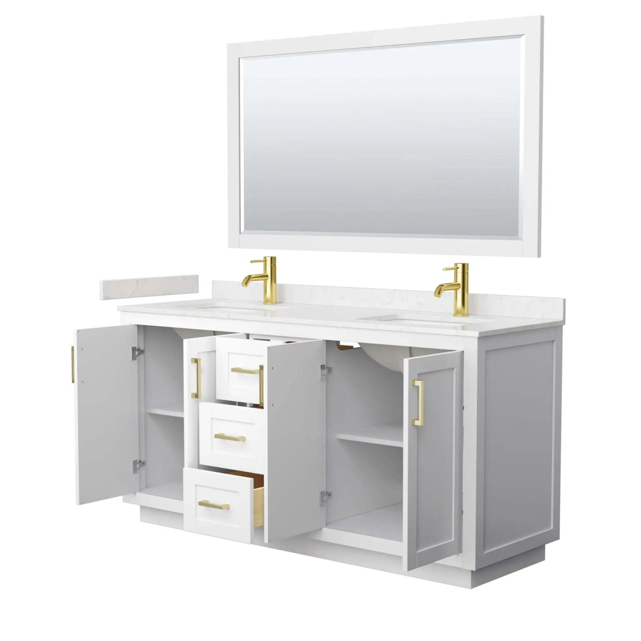 66" Miranda Double Bathroom Vanity in White with Brushed Gold Trim & 58" Mirror by Wyndham
