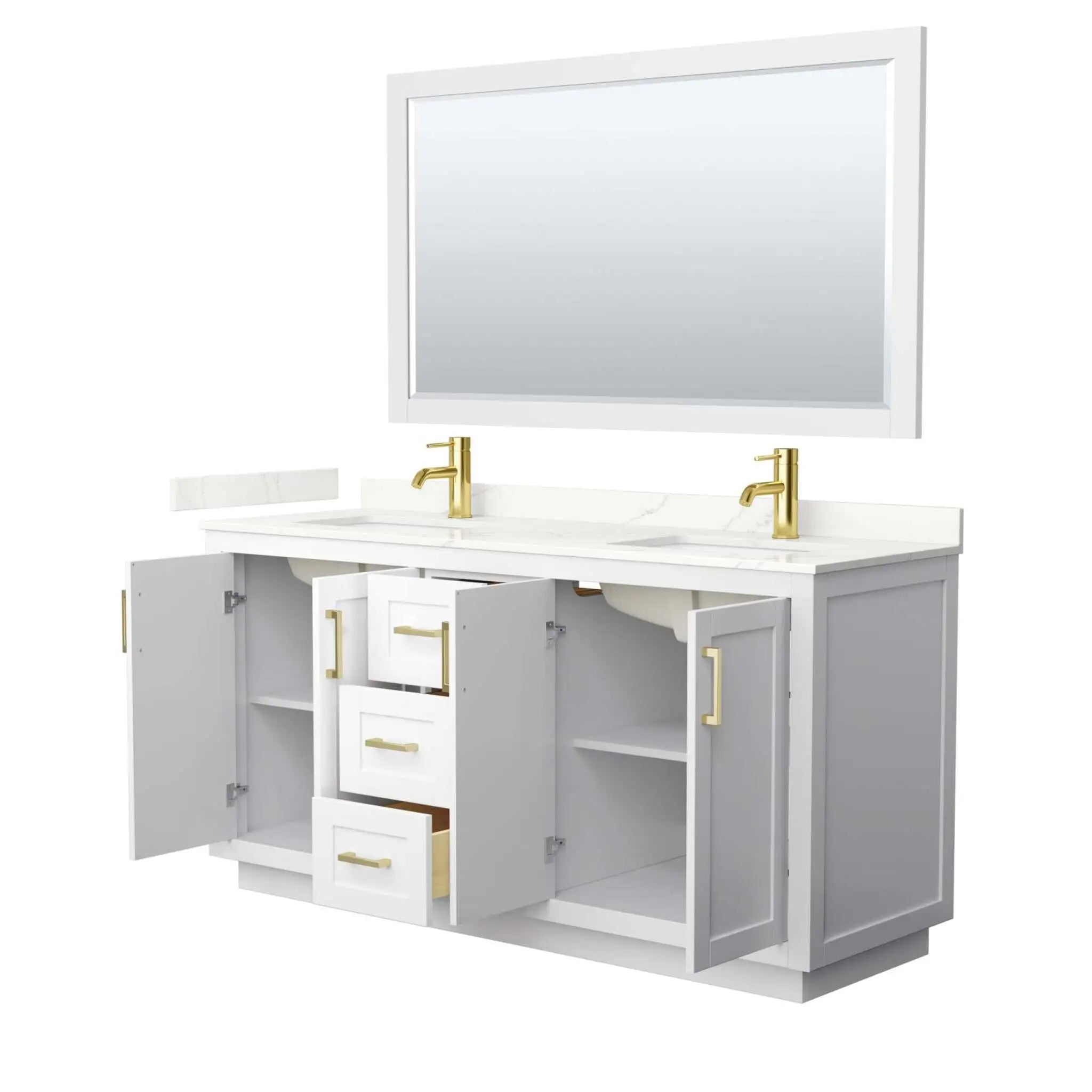66" Miranda Double Bathroom Vanity in White with Brushed Gold Trim & 58" Mirror by Wyndham