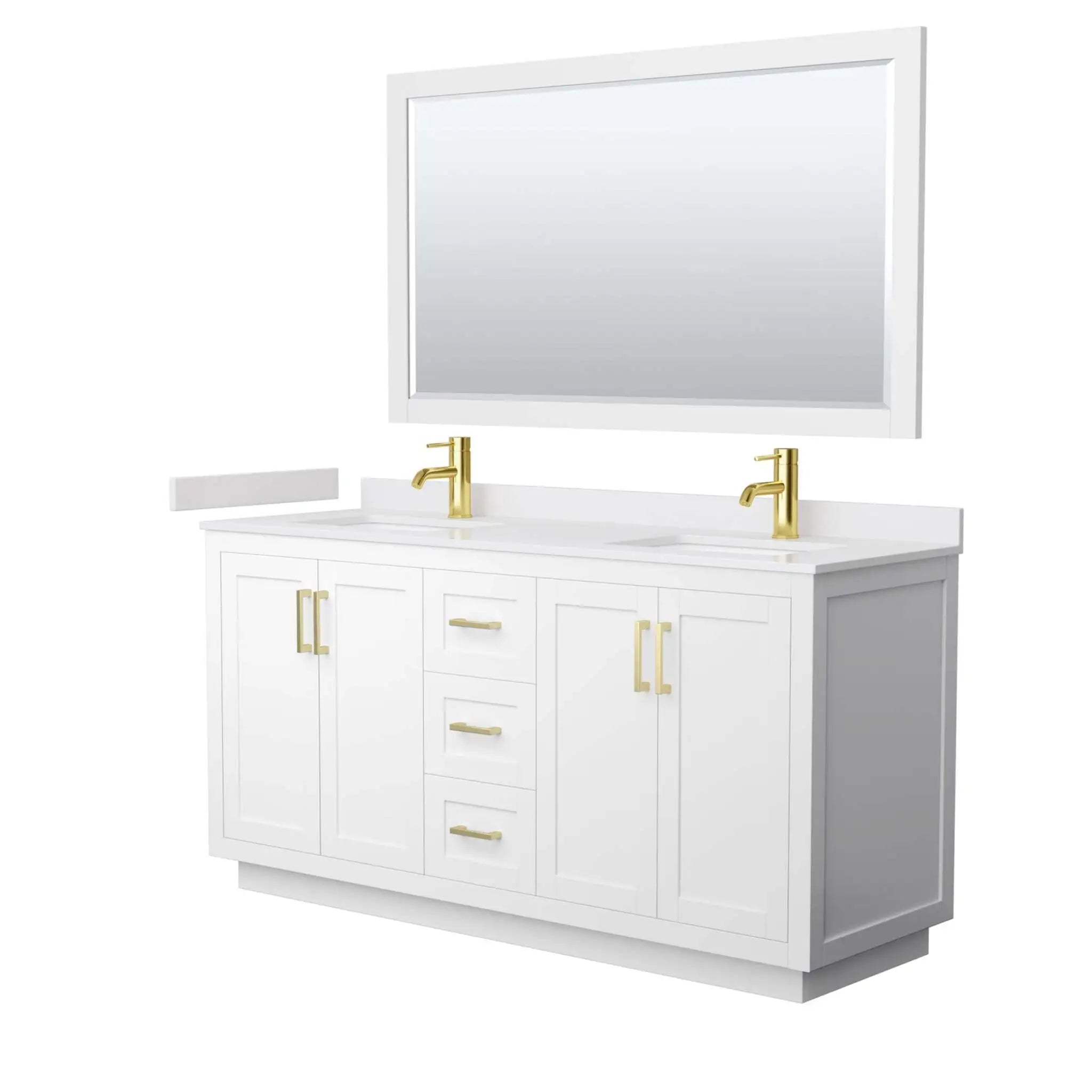 66" Miranda Double Bathroom Vanity in White with Brushed Gold Trim & 58" Mirror by Wyndham