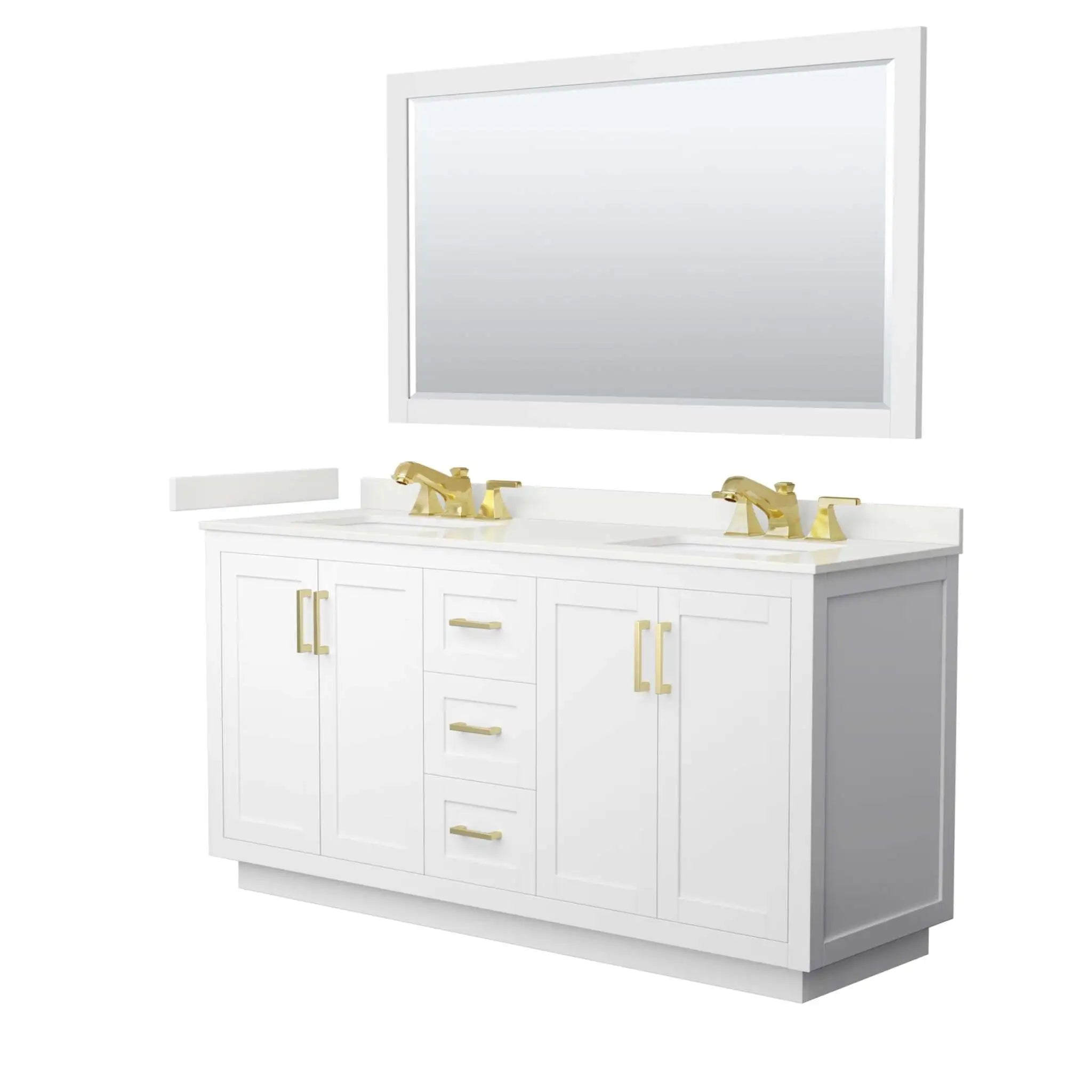 66" Miranda Double Bathroom Vanity in White with Brushed Gold Trim & 58" Mirror by Wyndham