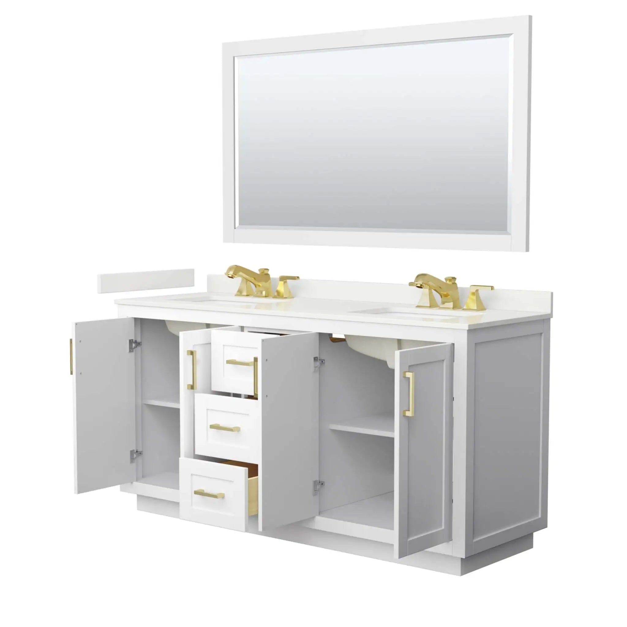 66" Miranda Double Bathroom Vanity in White with Brushed Gold Trim & 58" Mirror by Wyndham