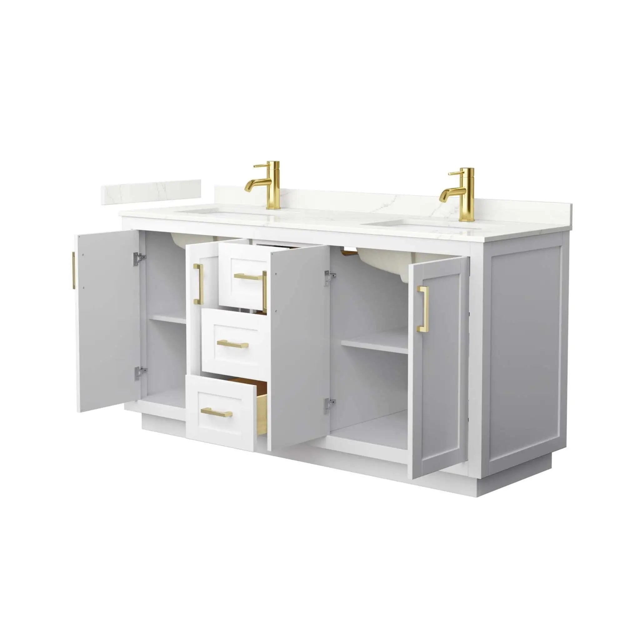 66" Miranda Double Bathroom Vanity in White with Brushed Gold Trim by Wyndham