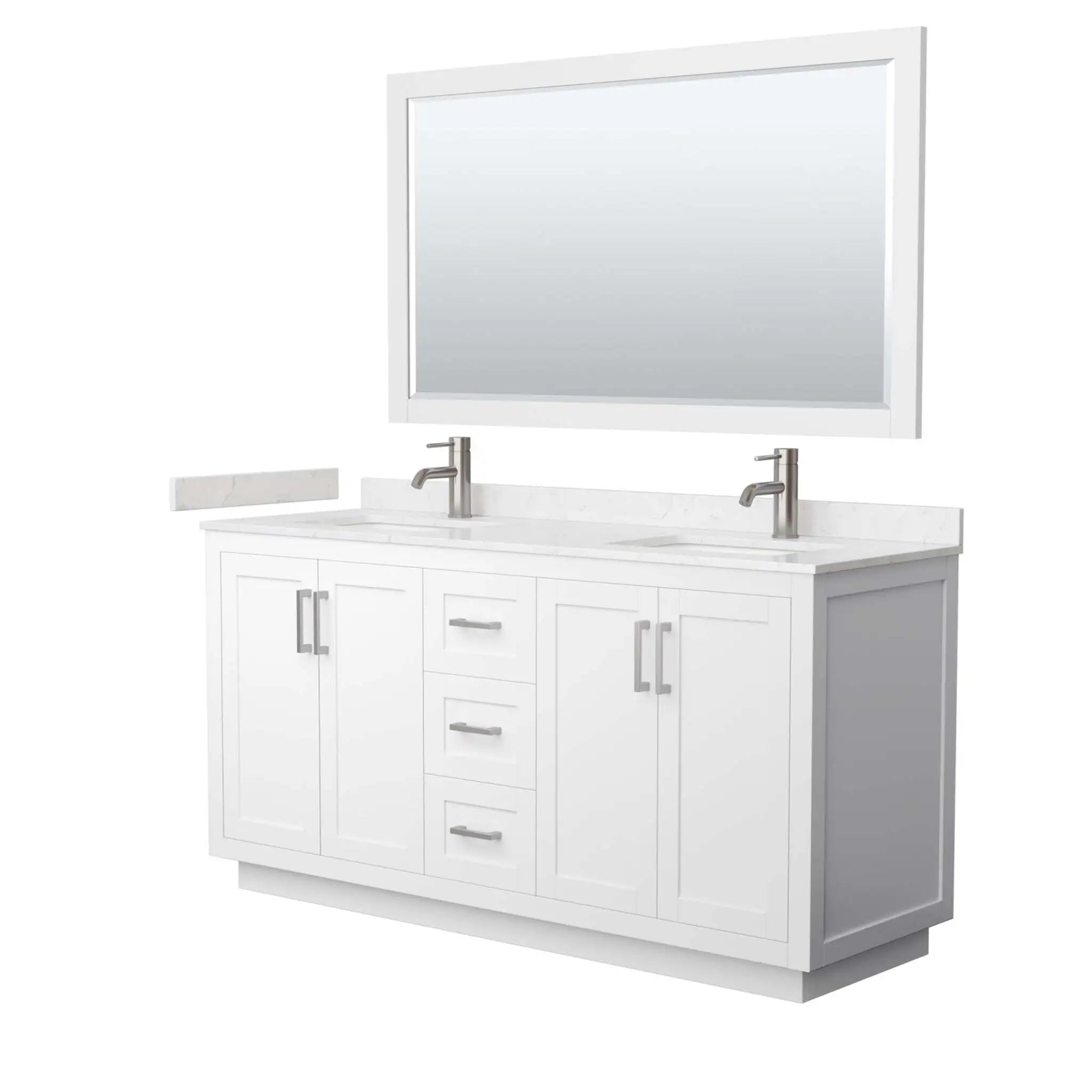 66" Miranda Double Bathroom Vanity in White with Brushed Nickel Trim & 58" Mirror by Wyndham