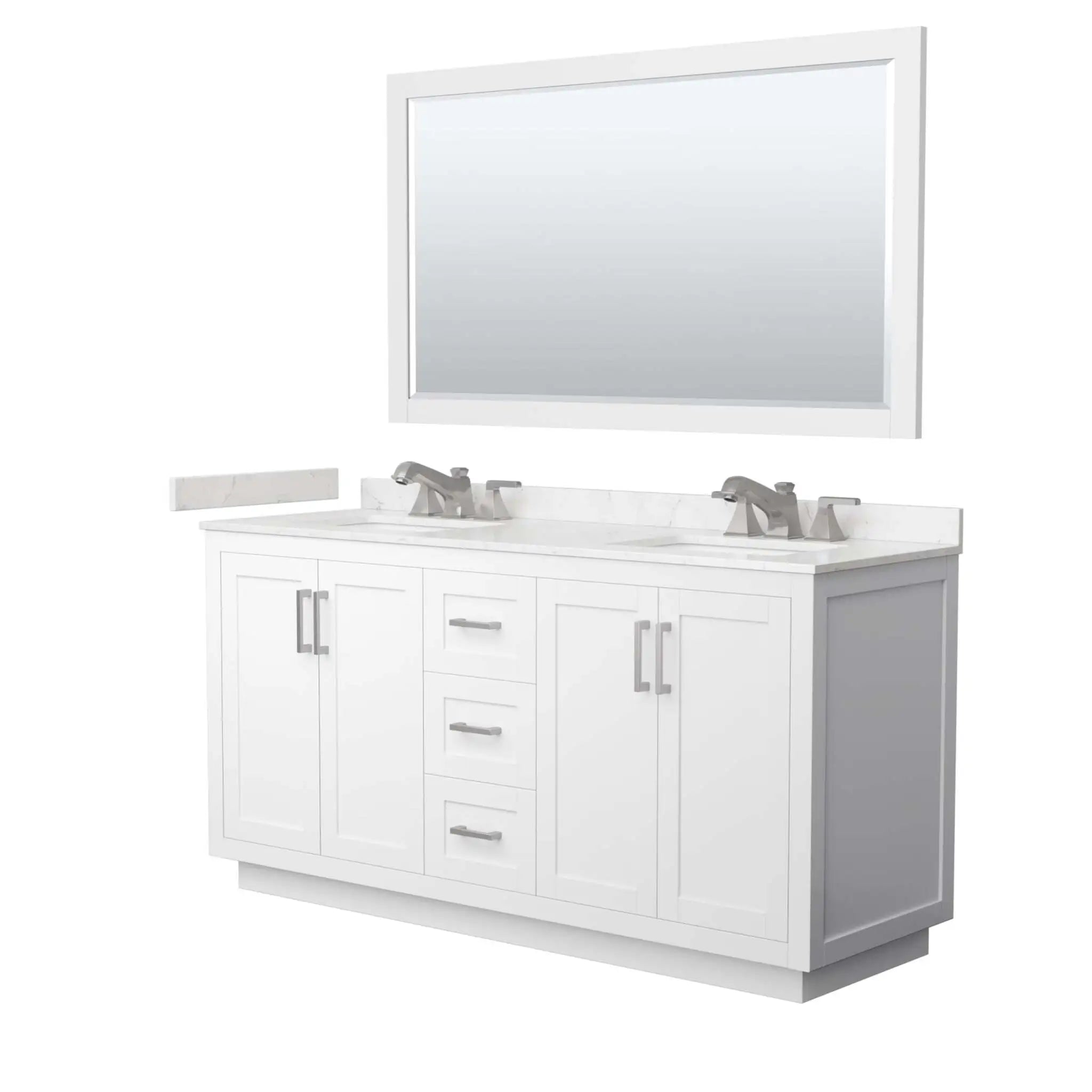 66" Miranda Double Bathroom Vanity in White with Brushed Nickel Trim & 58" Mirror by Wyndham