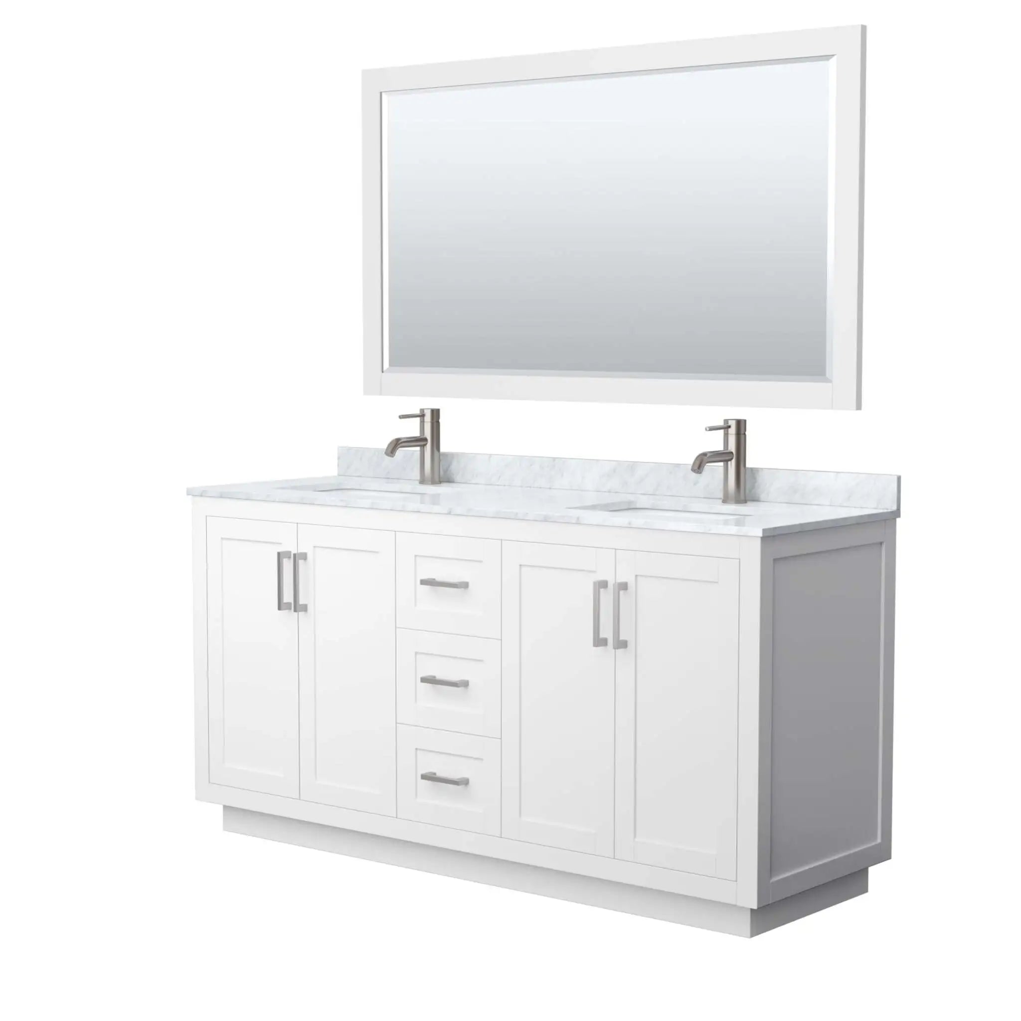 66" Miranda Double Bathroom Vanity in White with Brushed Nickel Trim & 58" Mirror by Wyndham