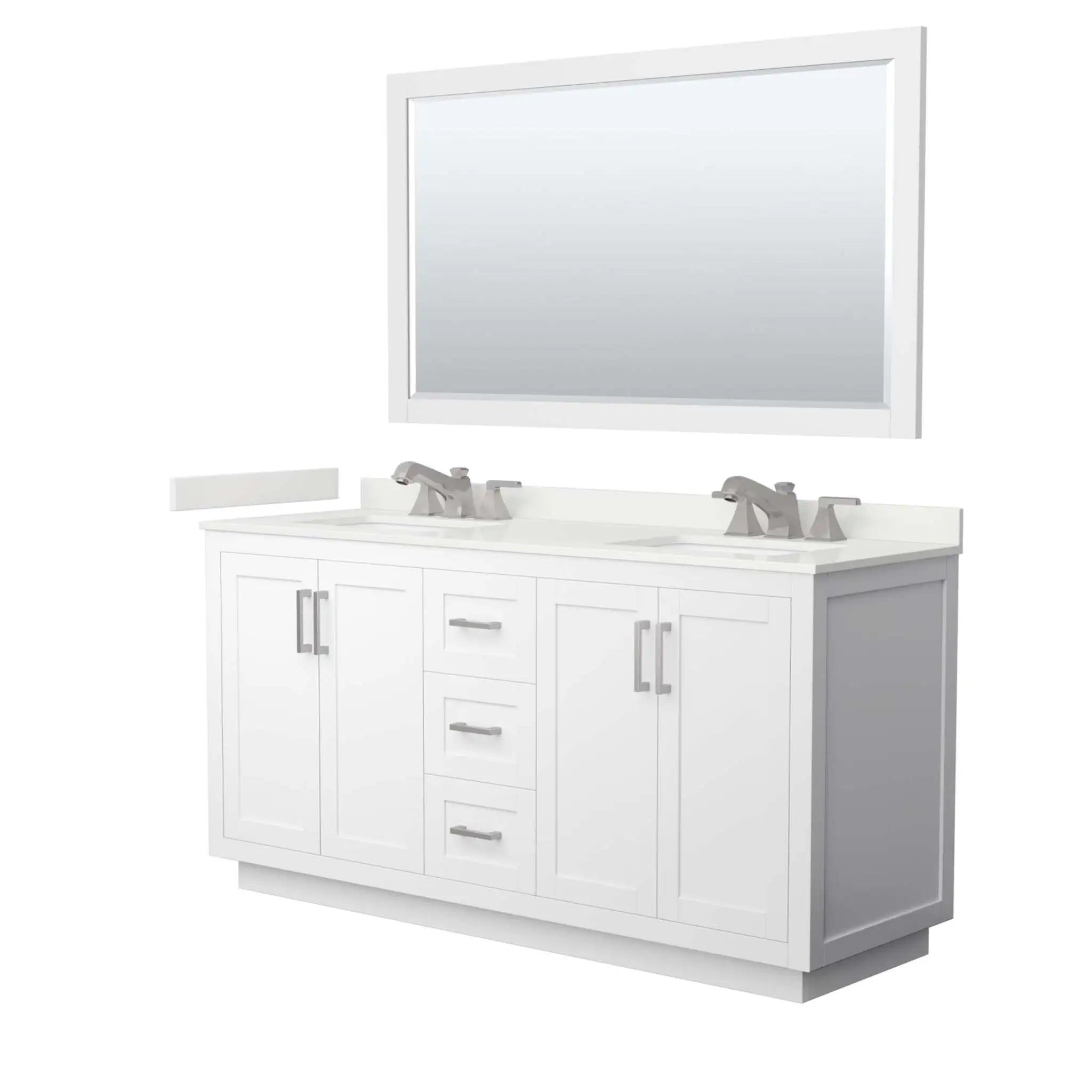66" Miranda Double Bathroom Vanity in White with Brushed Nickel Trim & 58" Mirror by Wyndham