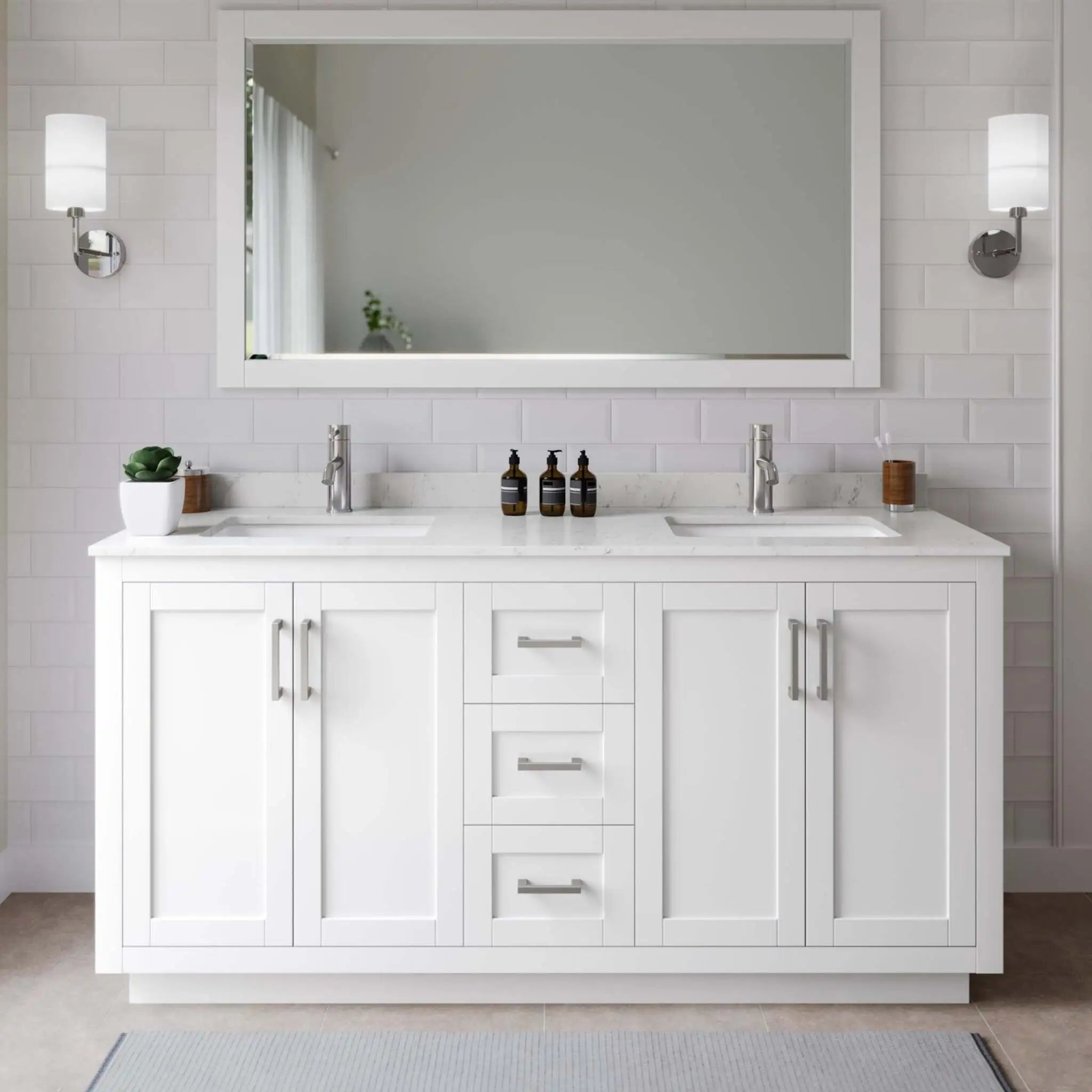 66" Miranda Double Bathroom Vanity in White with Brushed Nickel Trim by Wyndham