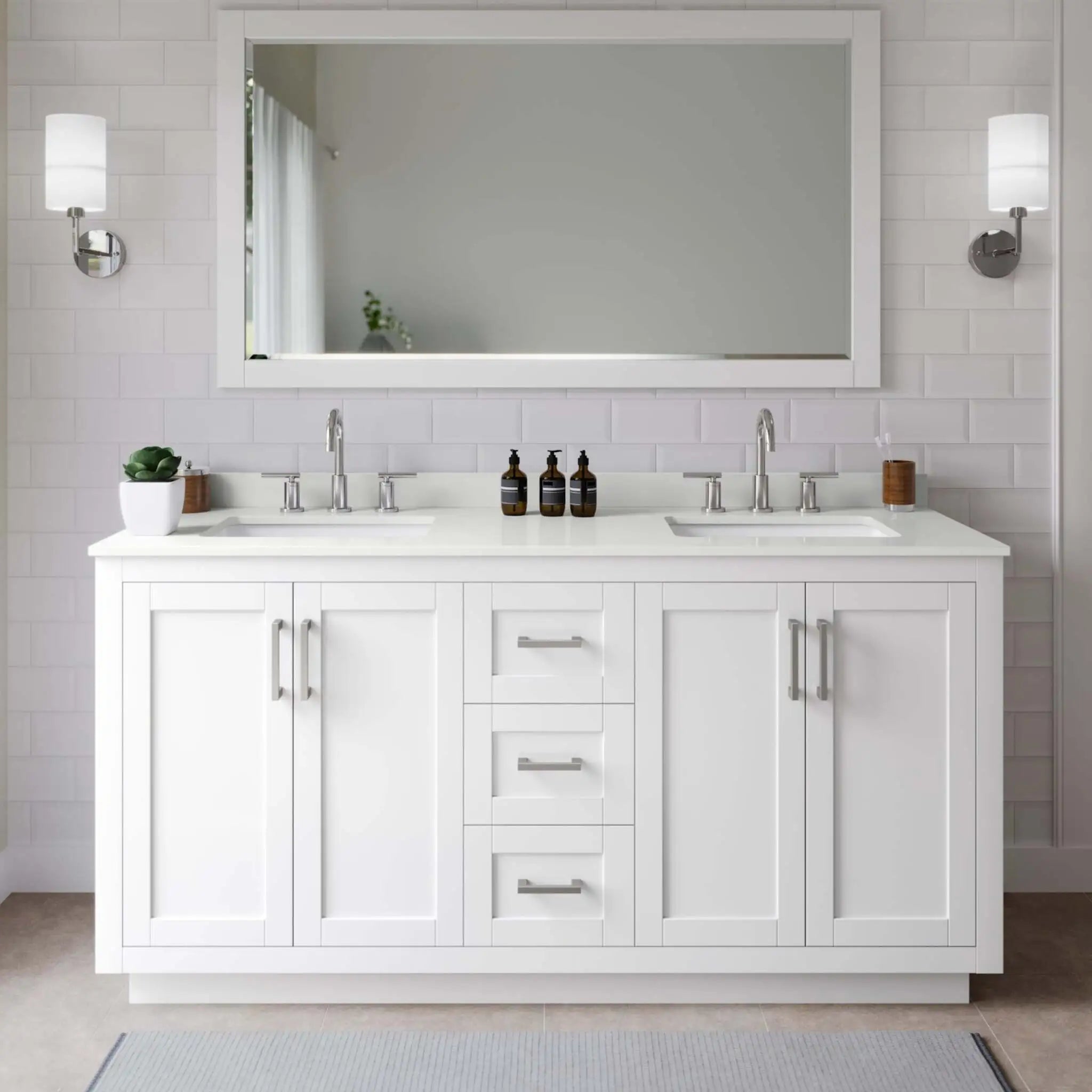 66" Miranda Double Bathroom Vanity in White with Brushed Nickel Trim by Wyndham