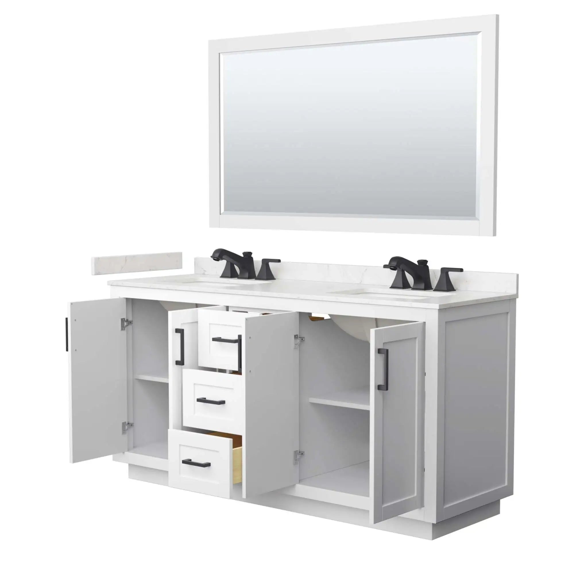 66" Miranda Double Bathroom Vanity in White with Matte Black Trim & 58" Mirror by Wyndham