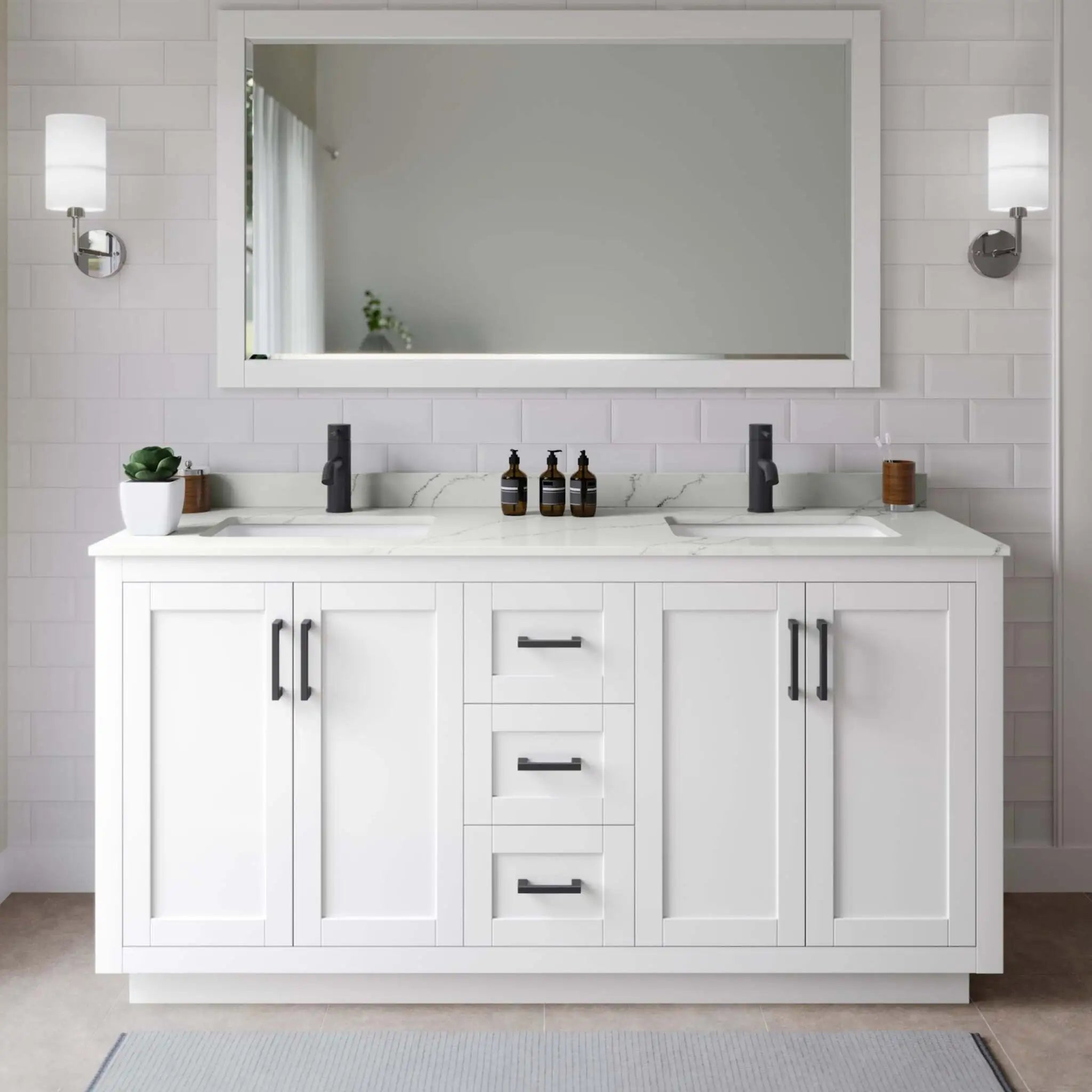 66" Miranda Double Bathroom Vanity in White with Matte Black Trim & 58" Mirror by Wyndham