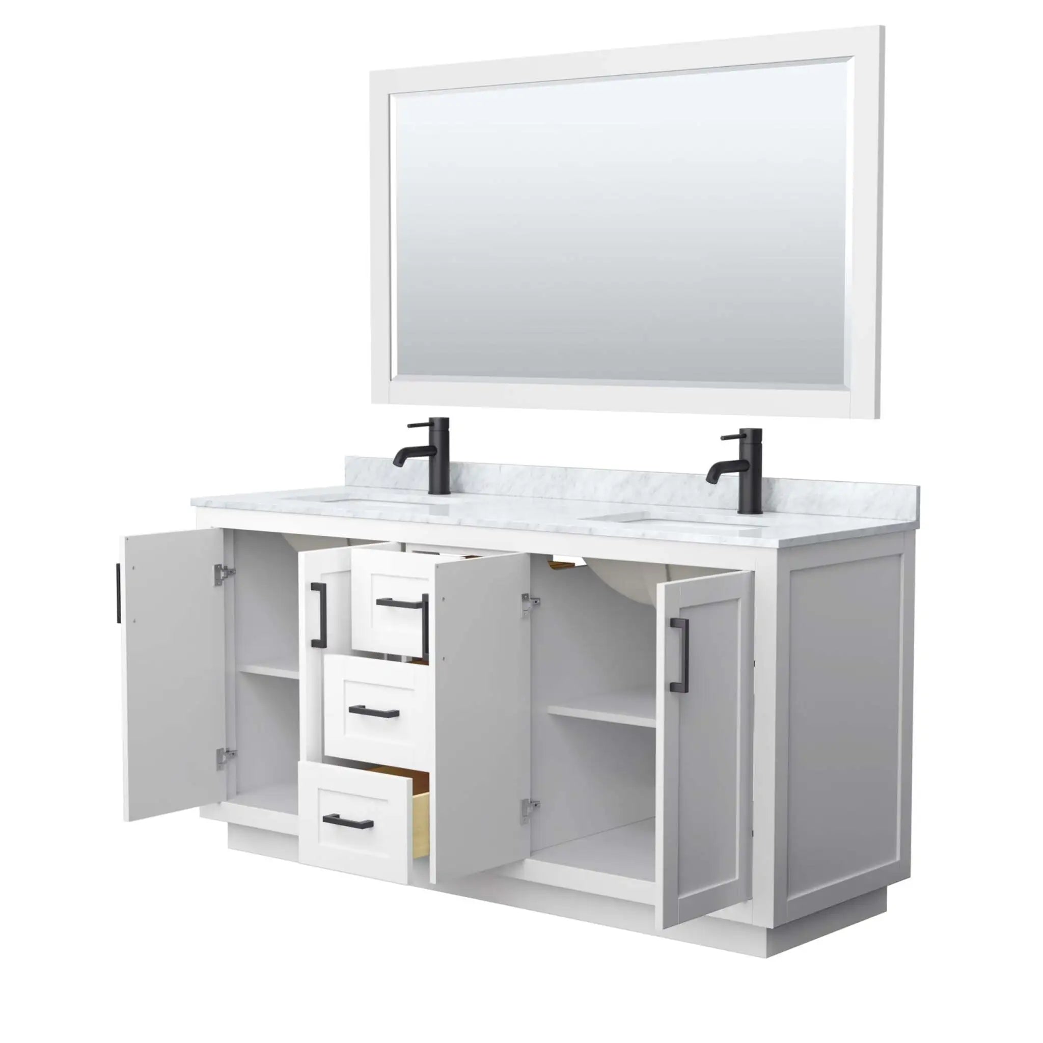 66" Miranda Double Bathroom Vanity in White with Matte Black Trim & 58" Mirror by Wyndham