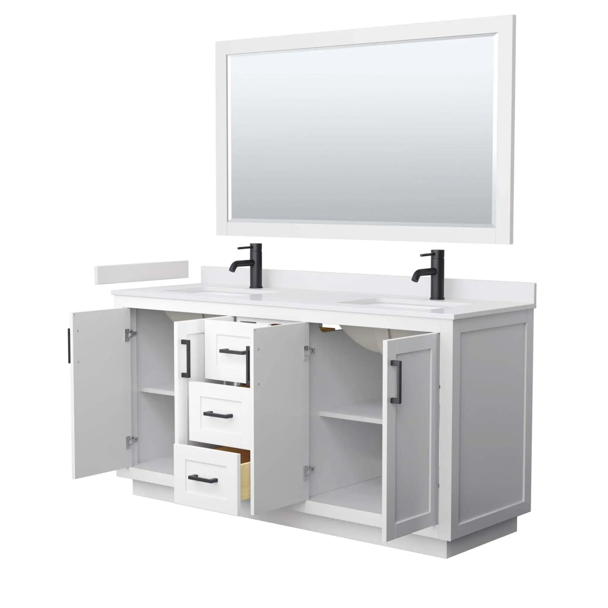 66" Miranda Double Bathroom Vanity in White with Matte Black Trim & 58" Mirror by Wyndham