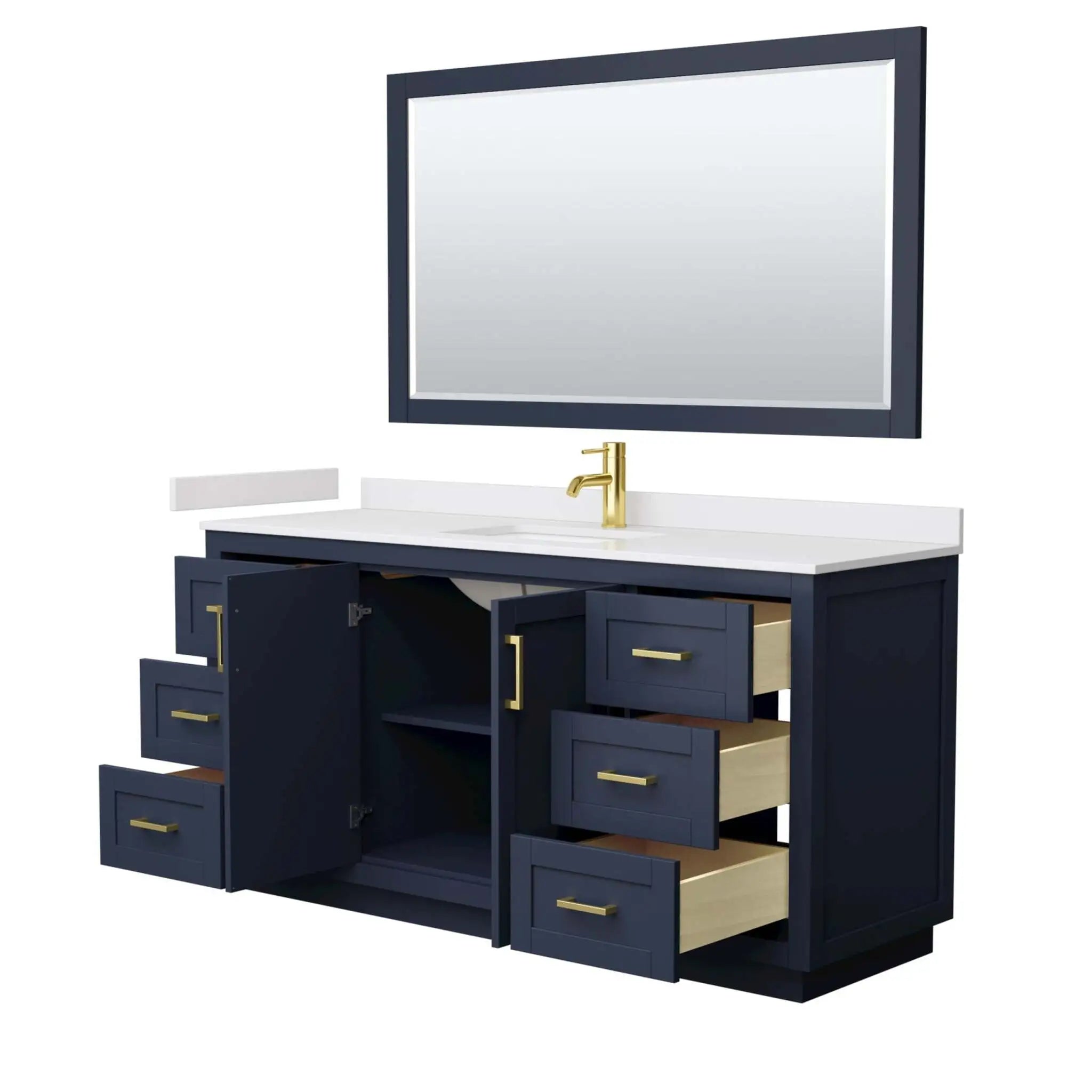 66" Miranda Single Bathroom Vanity in Dark Blue with Brushed Gold Trim & 58" Mirror by Wyndham