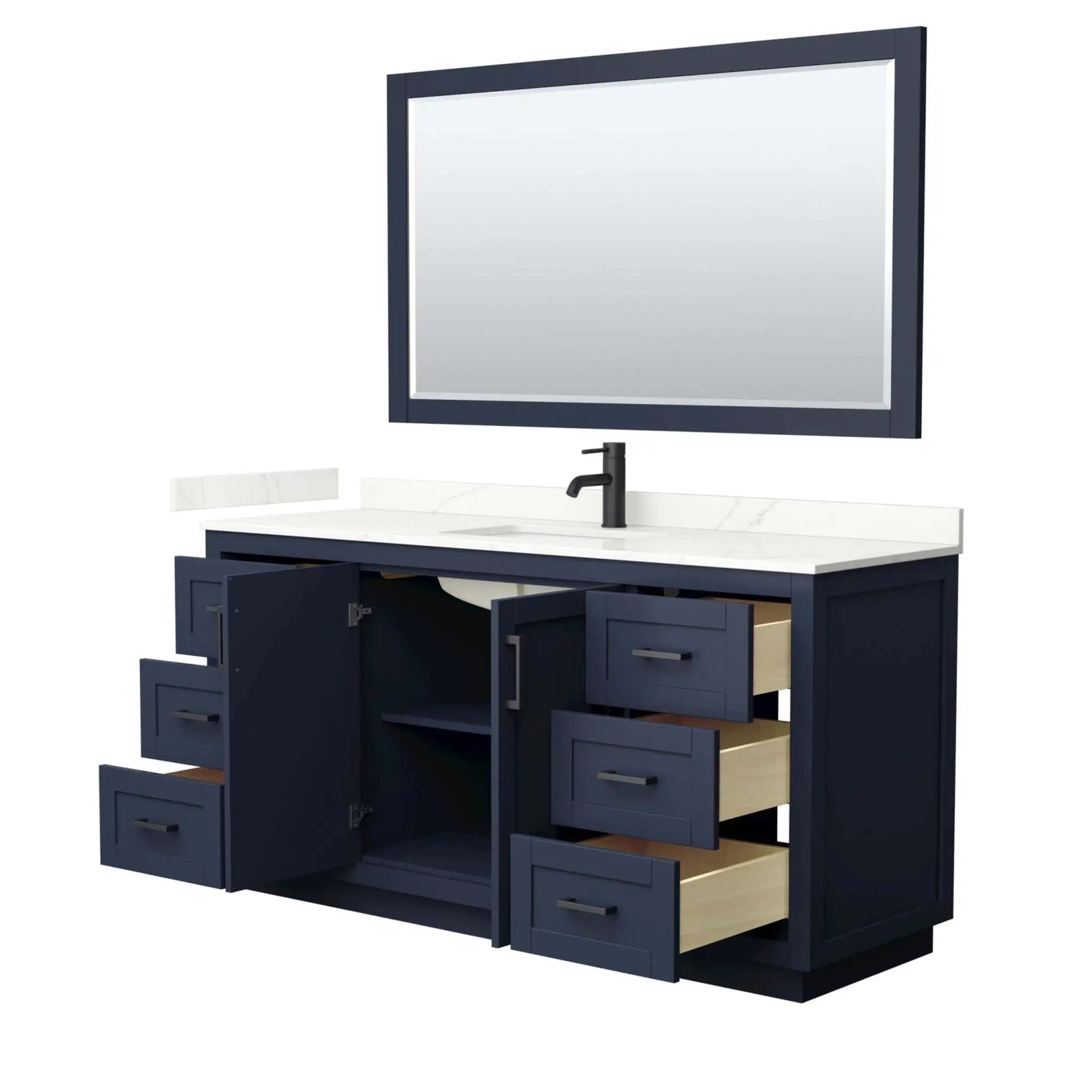 66" Miranda Single Bathroom Vanity in Dark Blue with Matte Black Trim & 58" Mirror by Wyndham