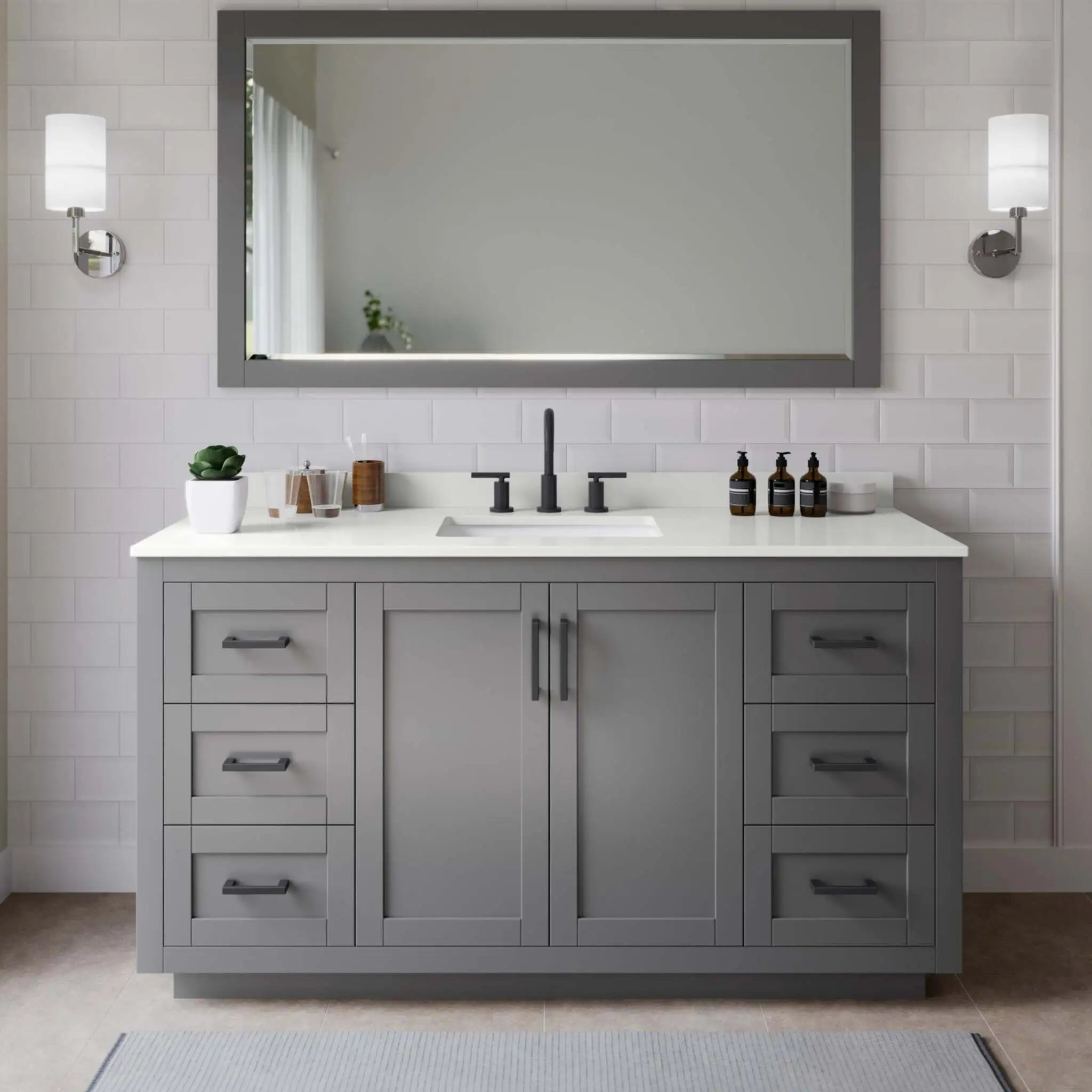 66" Miranda Single Bathroom Vanity in Dark Gray with Matte Black Trim & 58" Mirror by Wyndham