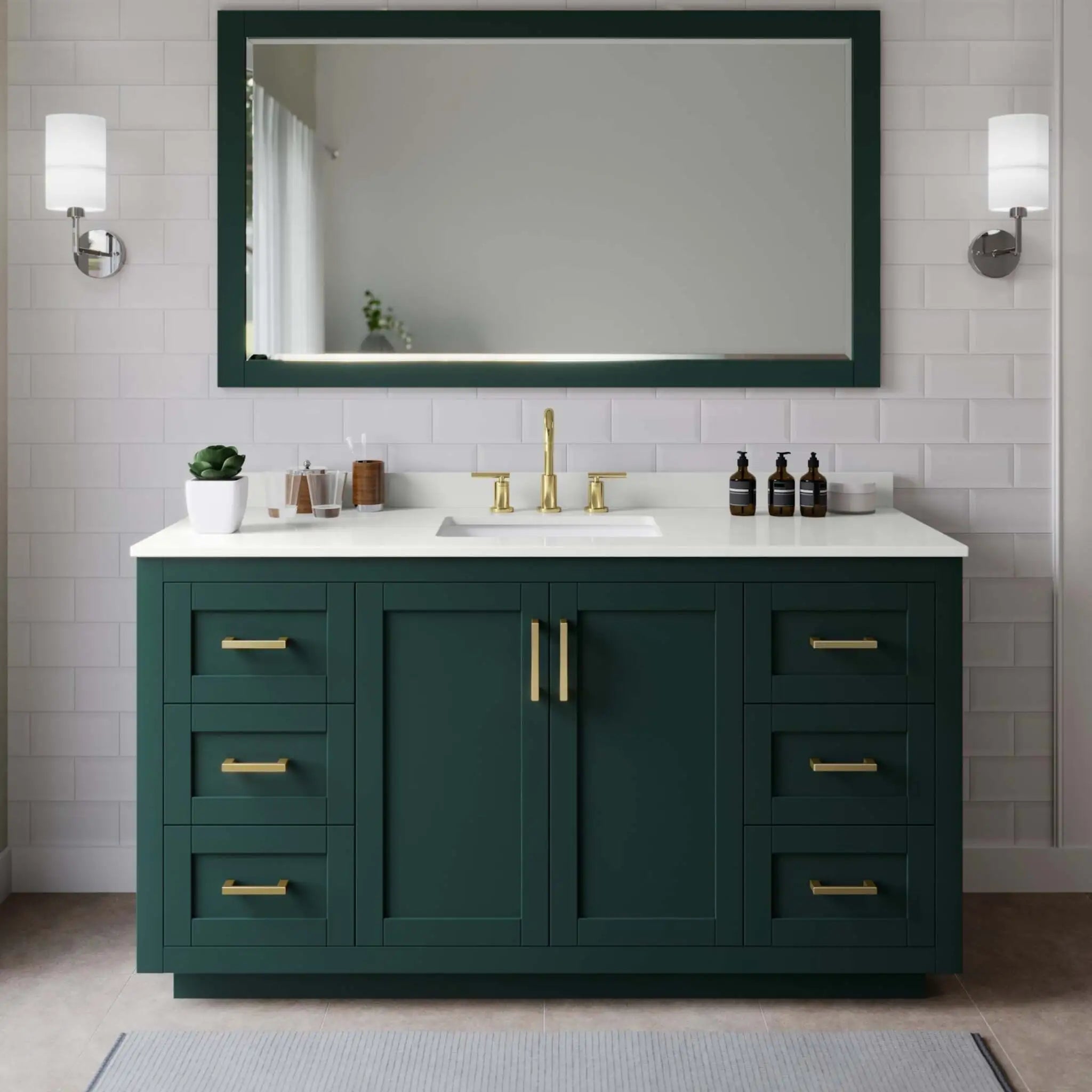 66" Miranda Single Bathroom Vanity in Green with Brushed Gold Trim & 58" Mirror by Wyndham