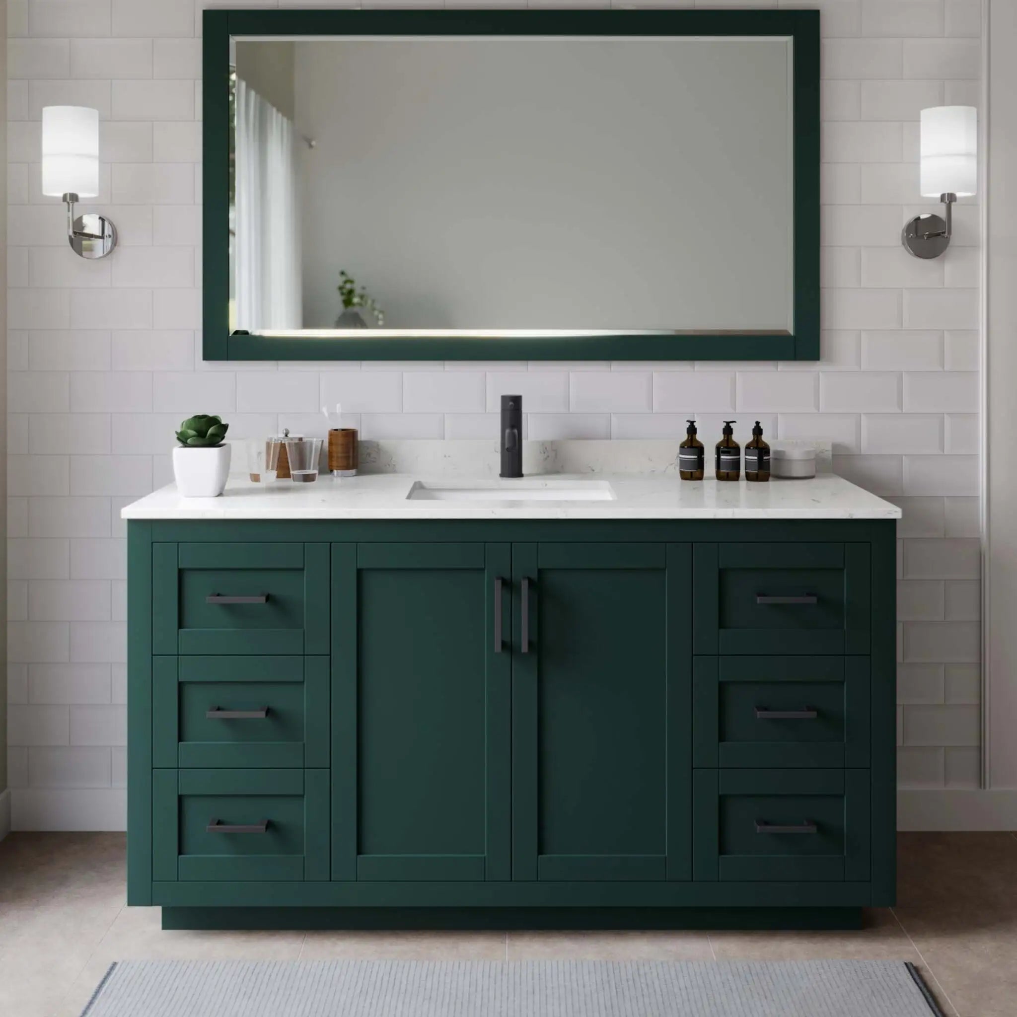 66" Miranda Single Bathroom Vanity in Green with Matte Black Trim & 58" Mirror by Wyndham