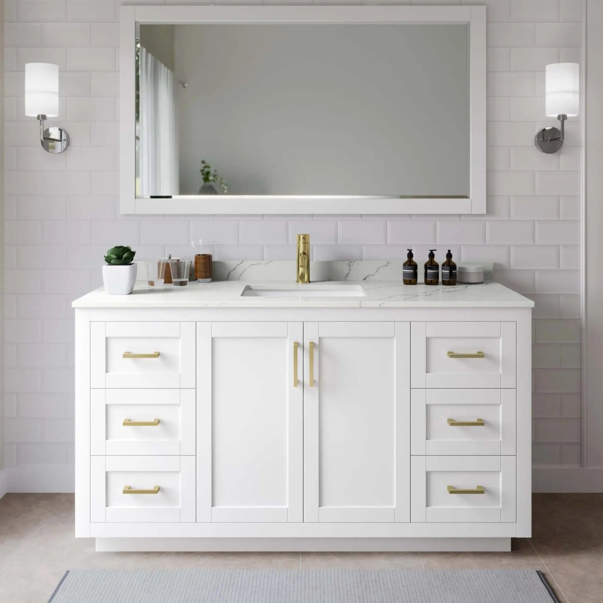 66" Miranda Single Bathroom Vanity in White with Brushed Gold Trim & 58" Mirror by Wyndham