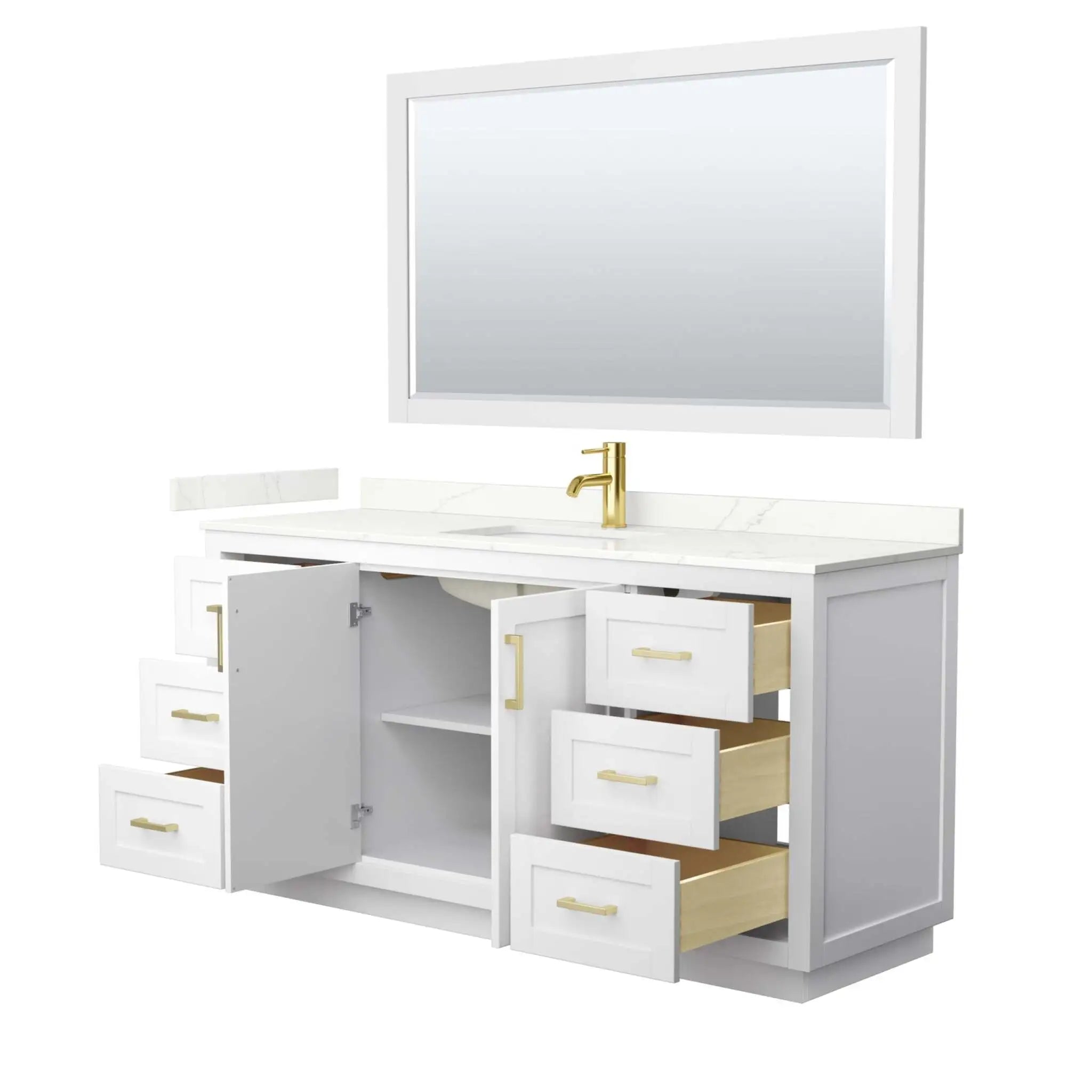 66" Miranda Single Bathroom Vanity in White with Brushed Gold Trim & 58" Mirror by Wyndham