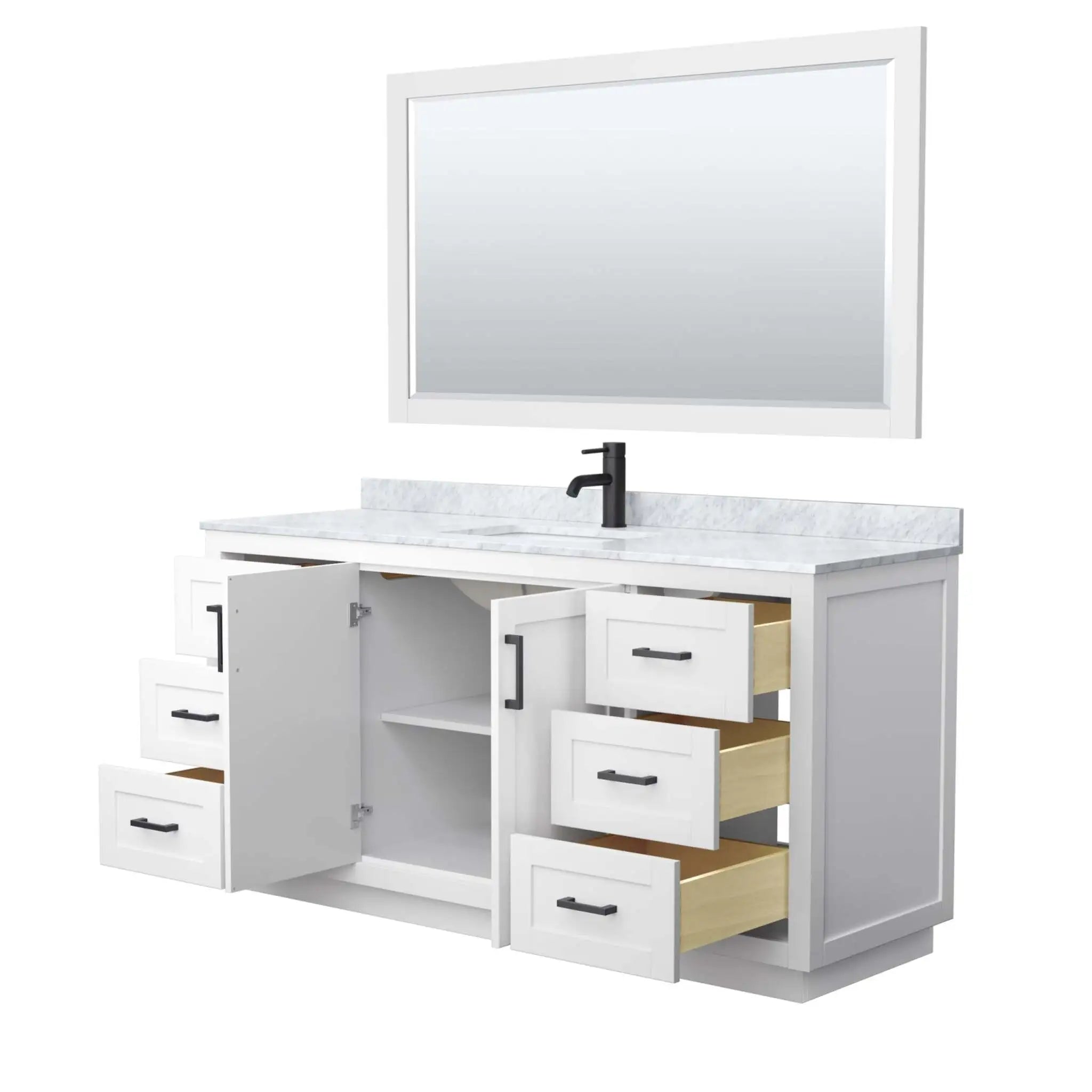 66" Miranda Single Bathroom Vanity in White with Matte Black Trim & 58" Mirror by Wyndham