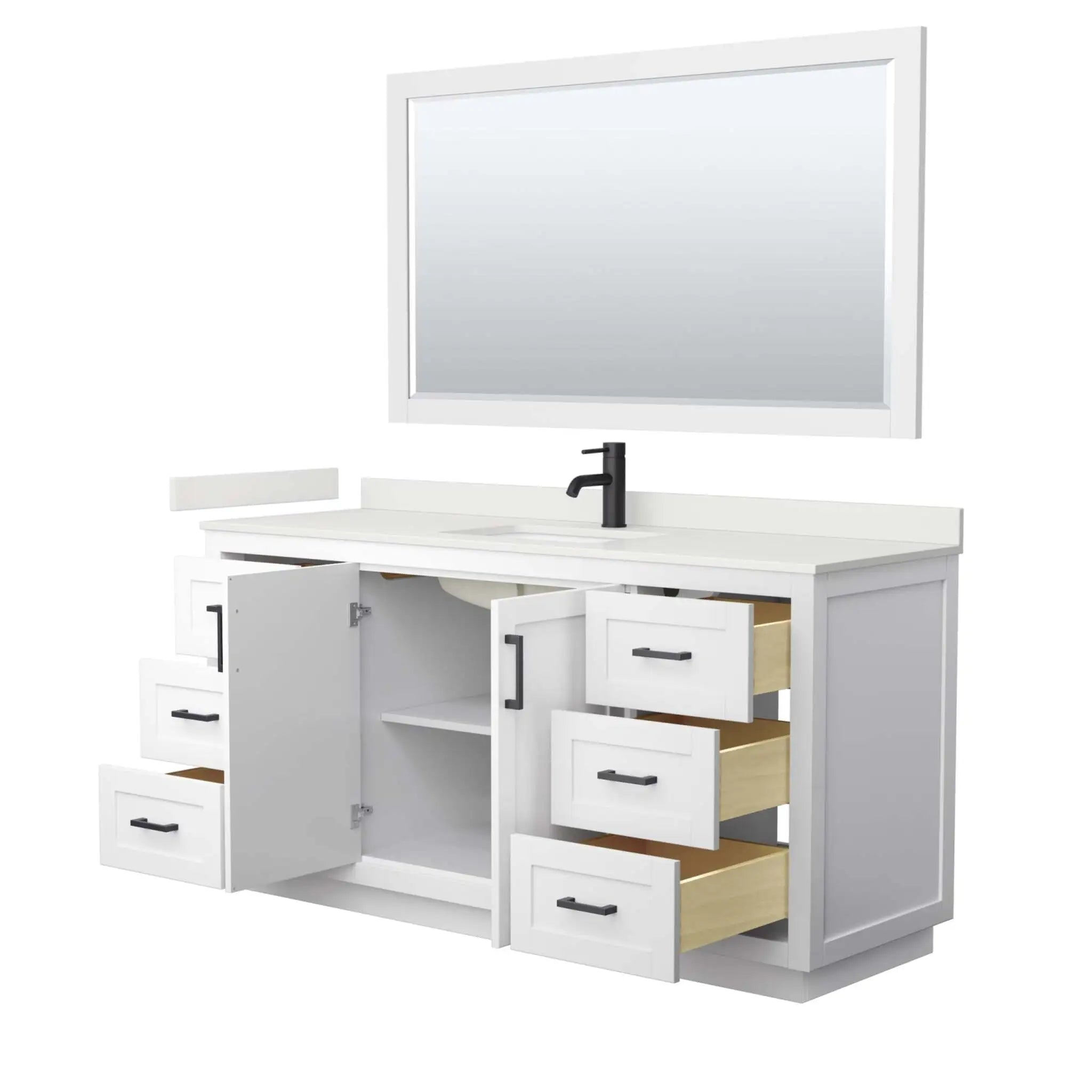 66" Miranda Single Bathroom Vanity in White with Matte Black Trim & 58" Mirror by Wyndham