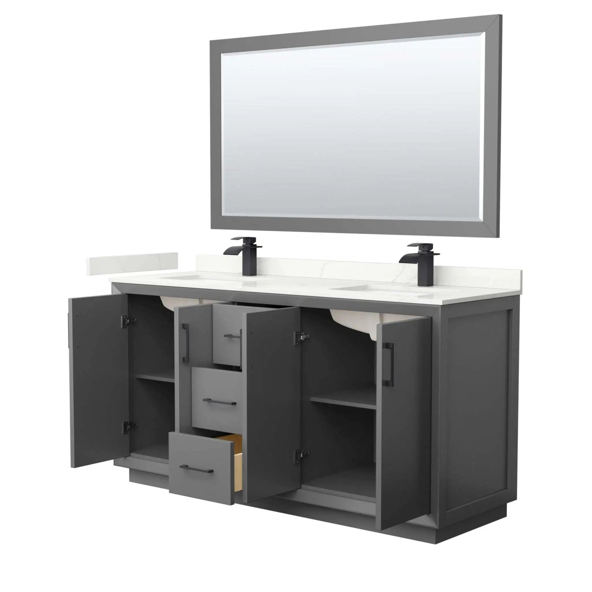 66" Strada Double Bathroom Vanity in Dark Gray with Matte Black Trim & 58" Mirror by Wyndham